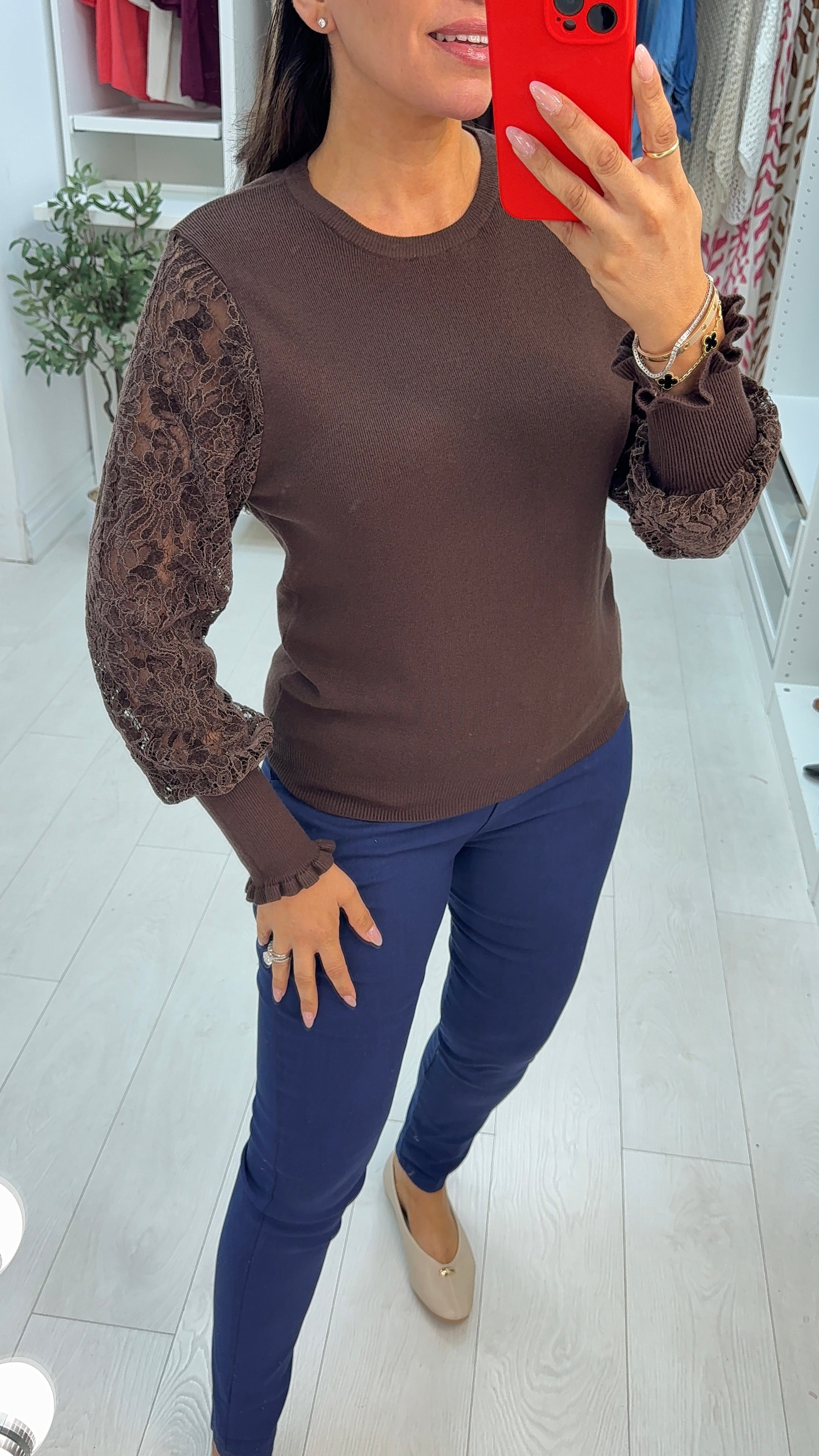Zelinda Plain Floral Mesh Sleeve Jumper