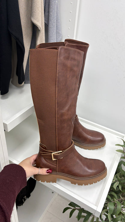 Cherie Faux Leather Buckle Detail Knee High Boots