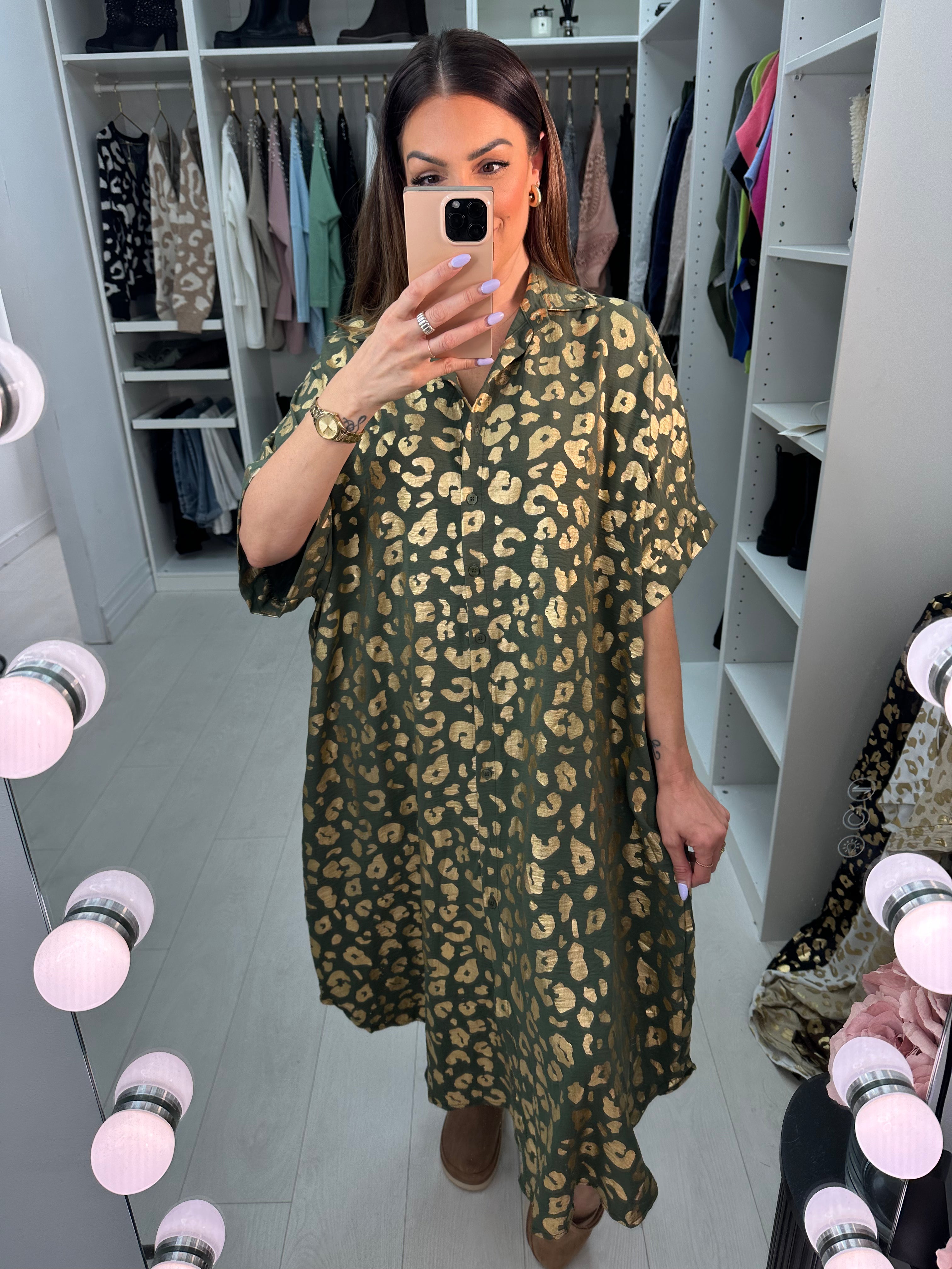 Erma Gold Cheetah Pattern Shirt Midi Dress