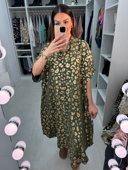 Erma Gold Cheetah Pattern Shirt Midi Dress