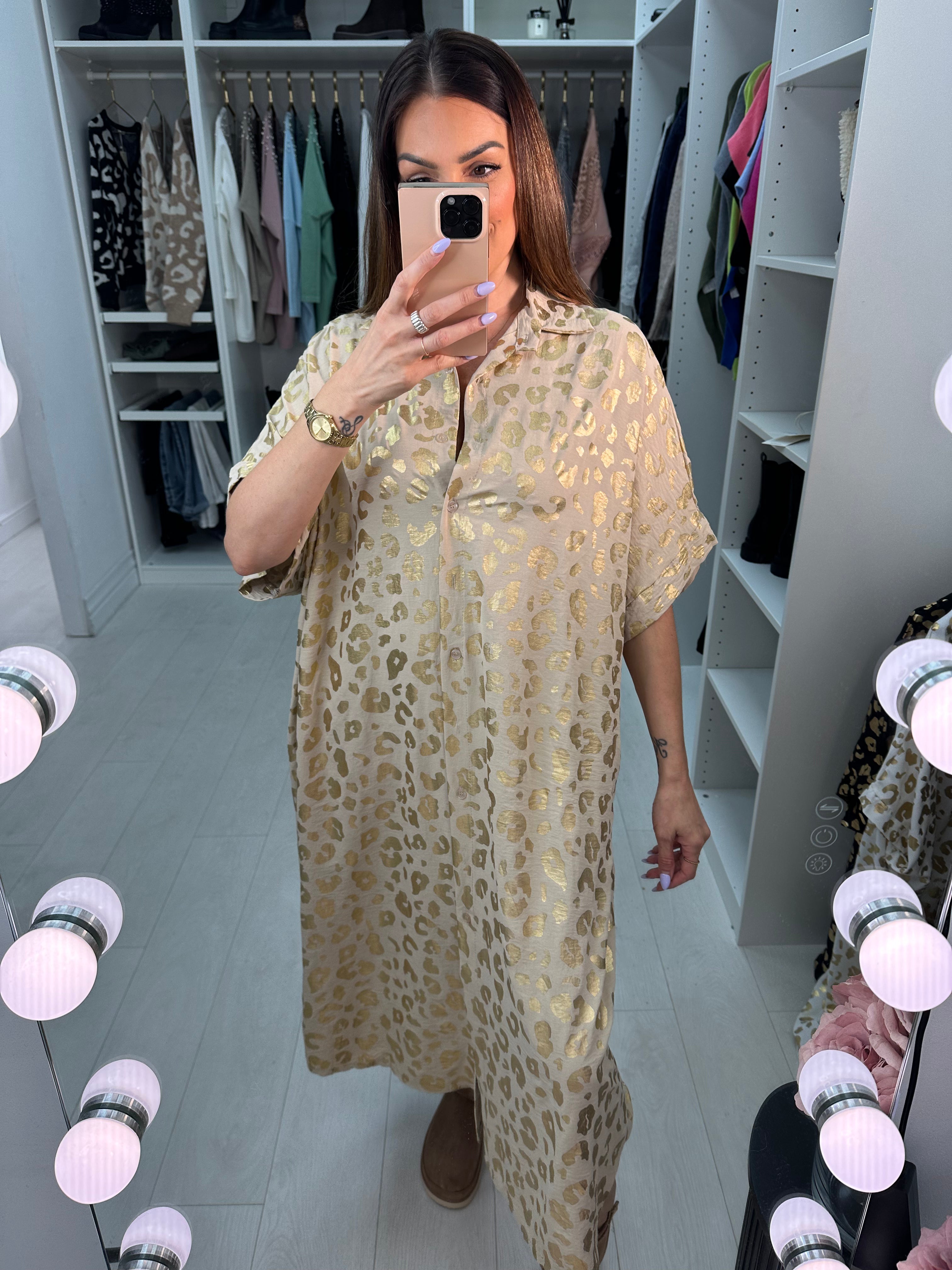 Erma Gold Cheetah Pattern Shirt Midi Dress