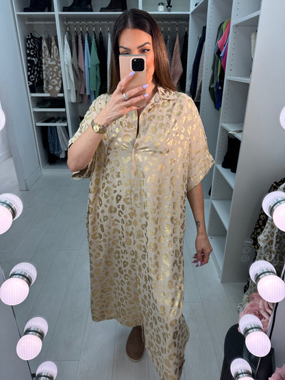 Erma Gold Cheetah Pattern Shirt Midi Dress