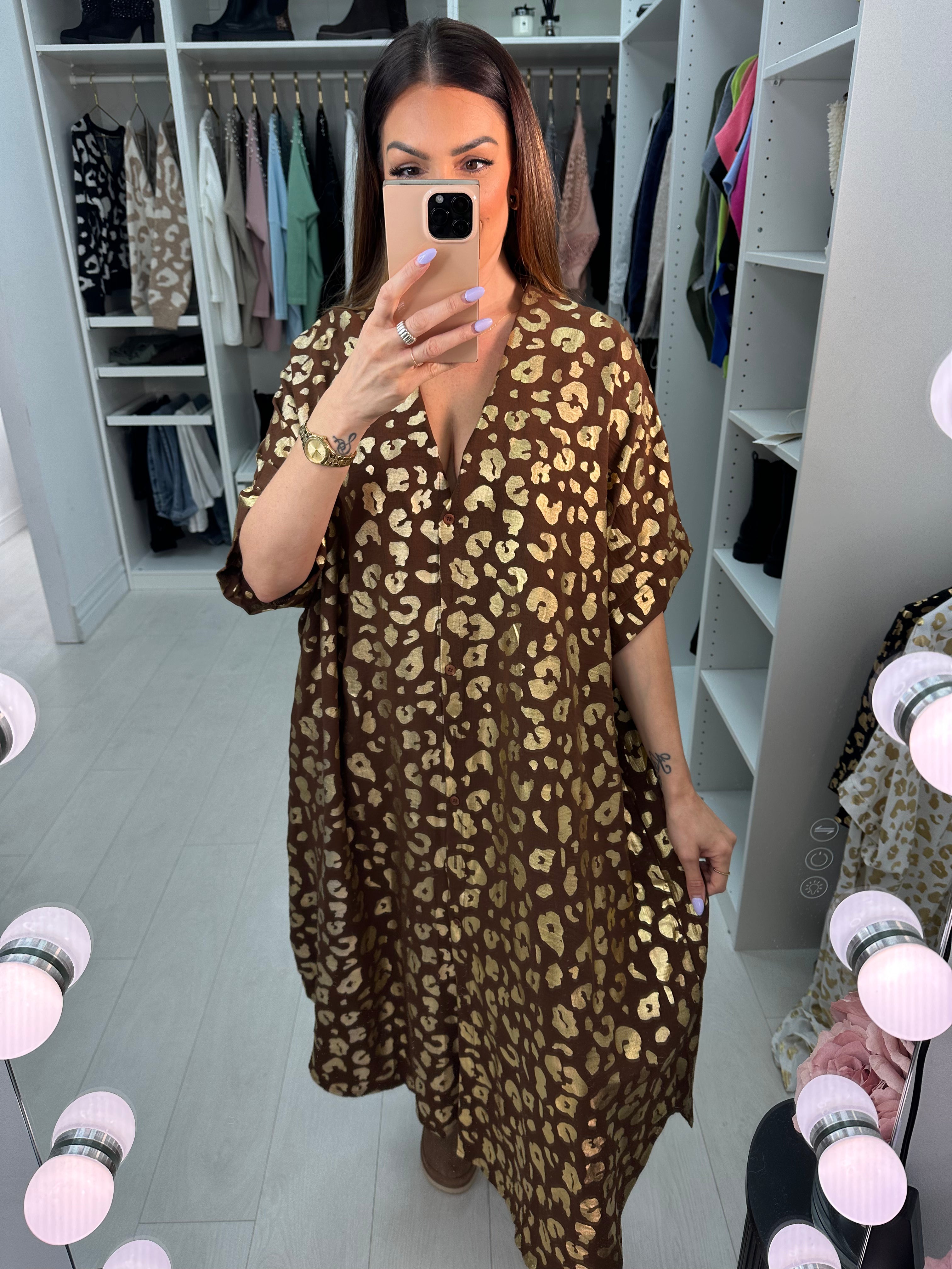 Erma Gold Cheetah Pattern Shirt Midi Dress