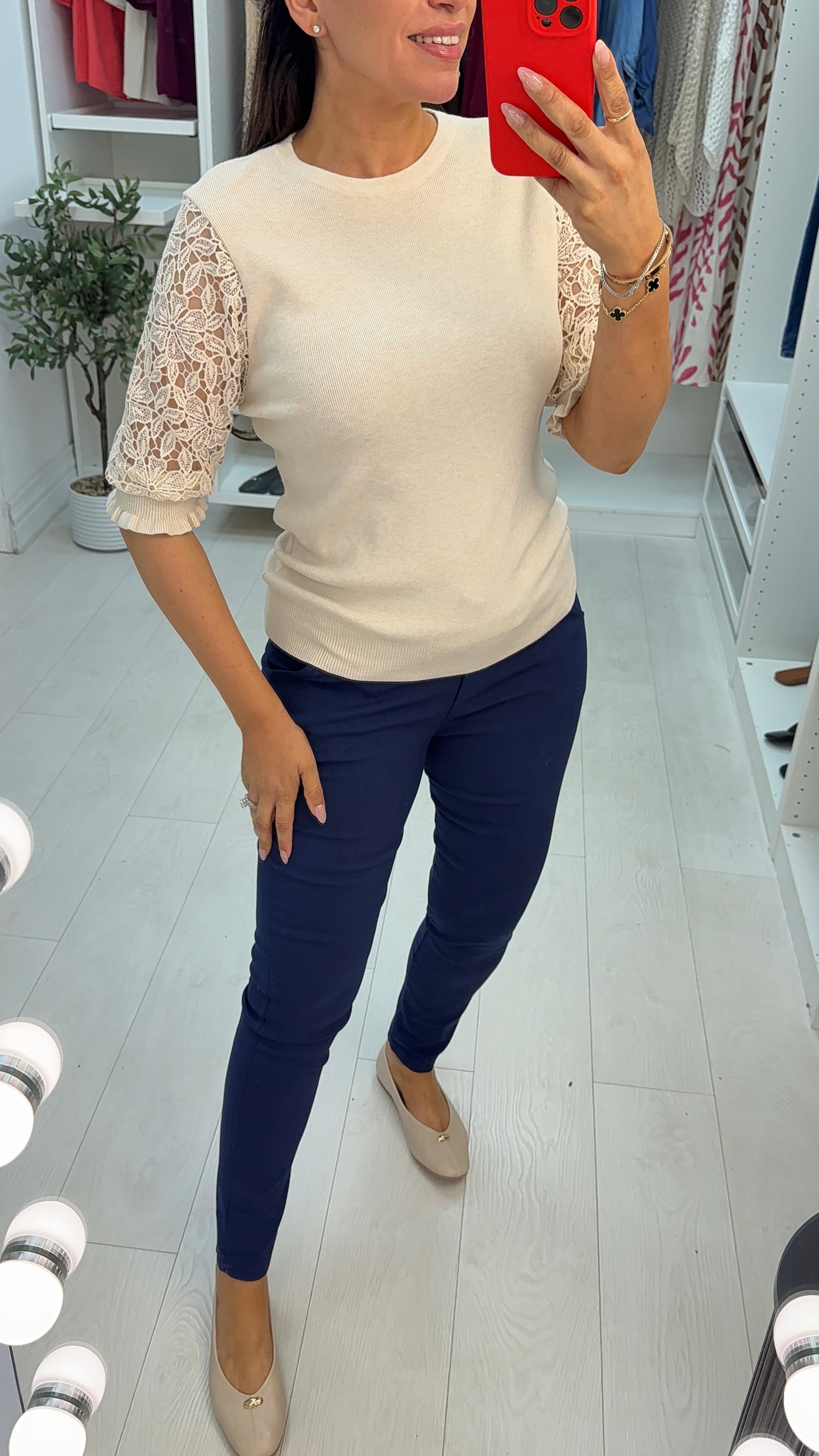 Orchid Plain Crochet Short Sleeve Detailed Jumper