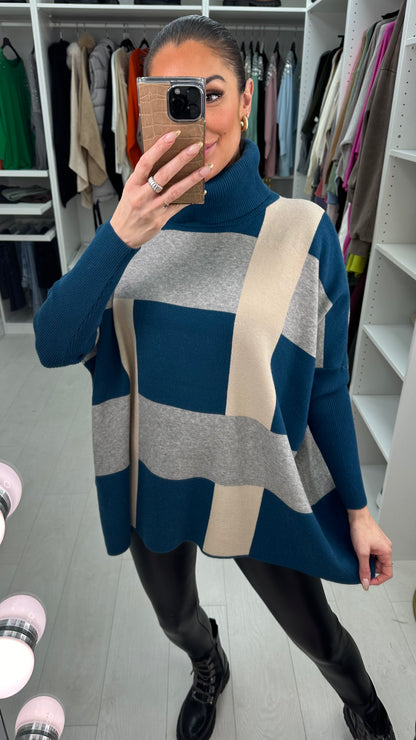 Lenata Checked Oversized Batwing Roll Neck Jumper