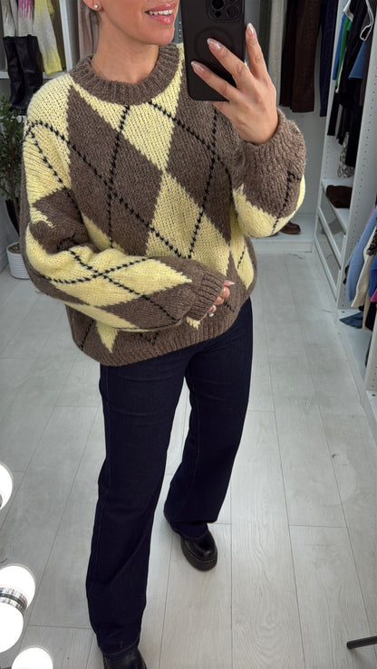 Nattie Argyle Print Chunky Jumper