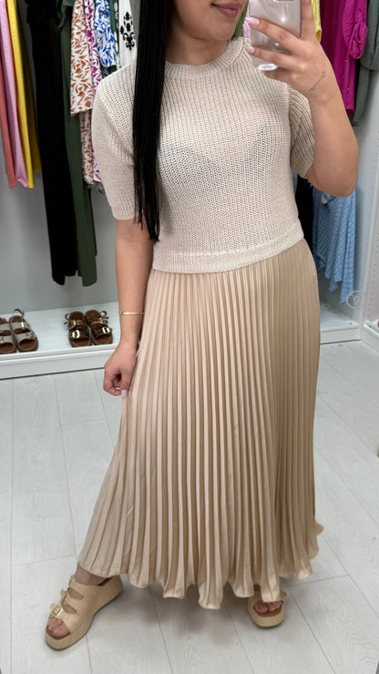 Alaina Plain 2-In-1 Knitted Top Silk Pleated Dress