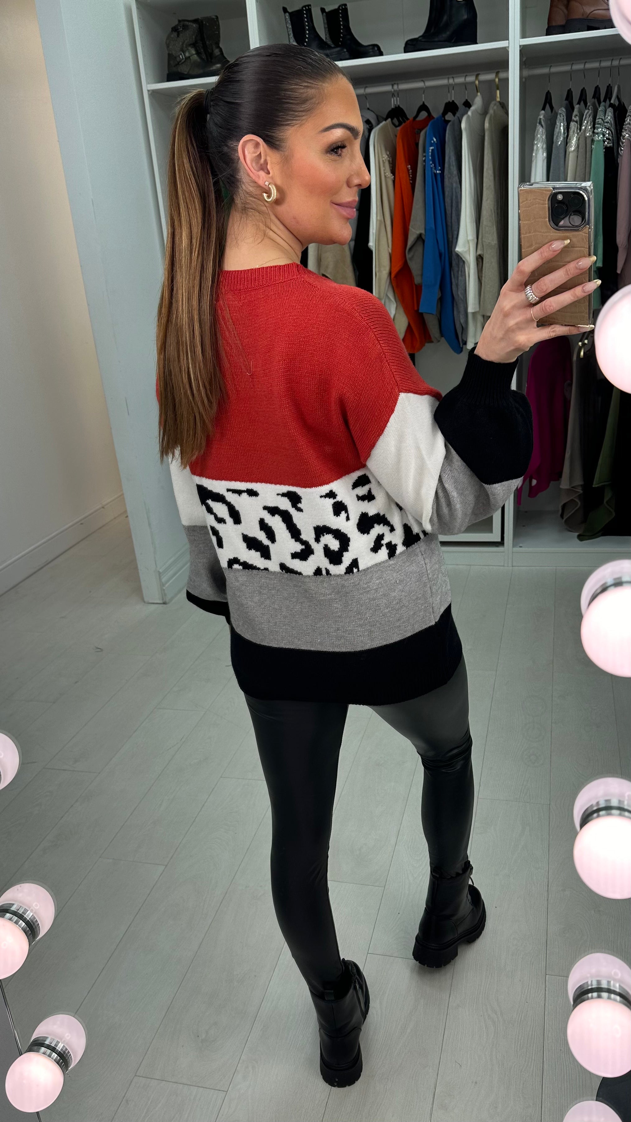 Percy Rust Oversized Leopard Print Knitted Jumper