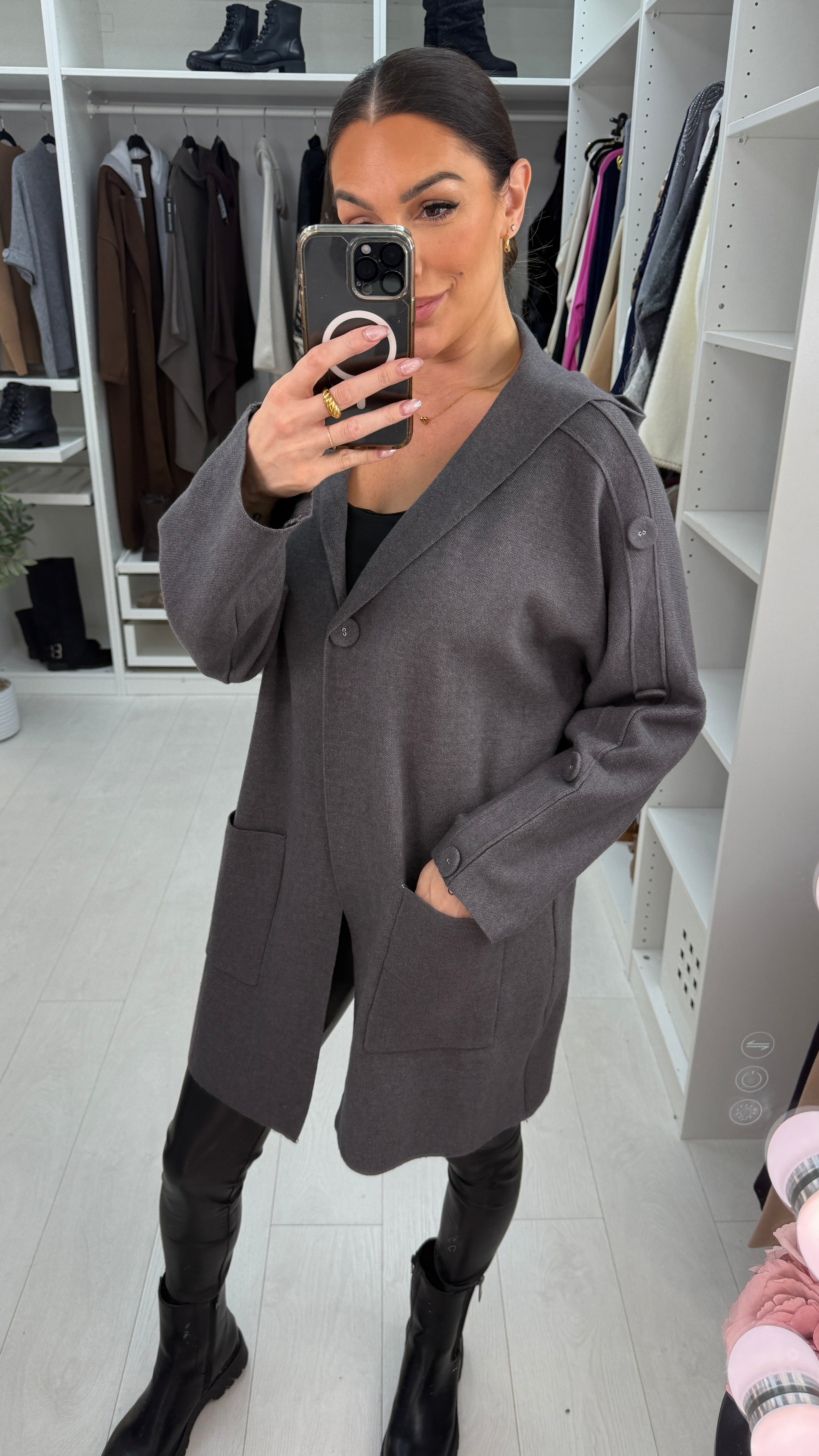 Sasia Plain Button Detail Hooded Cardigan