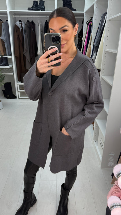 Sasia Plain Button Detail Hooded Cardigan