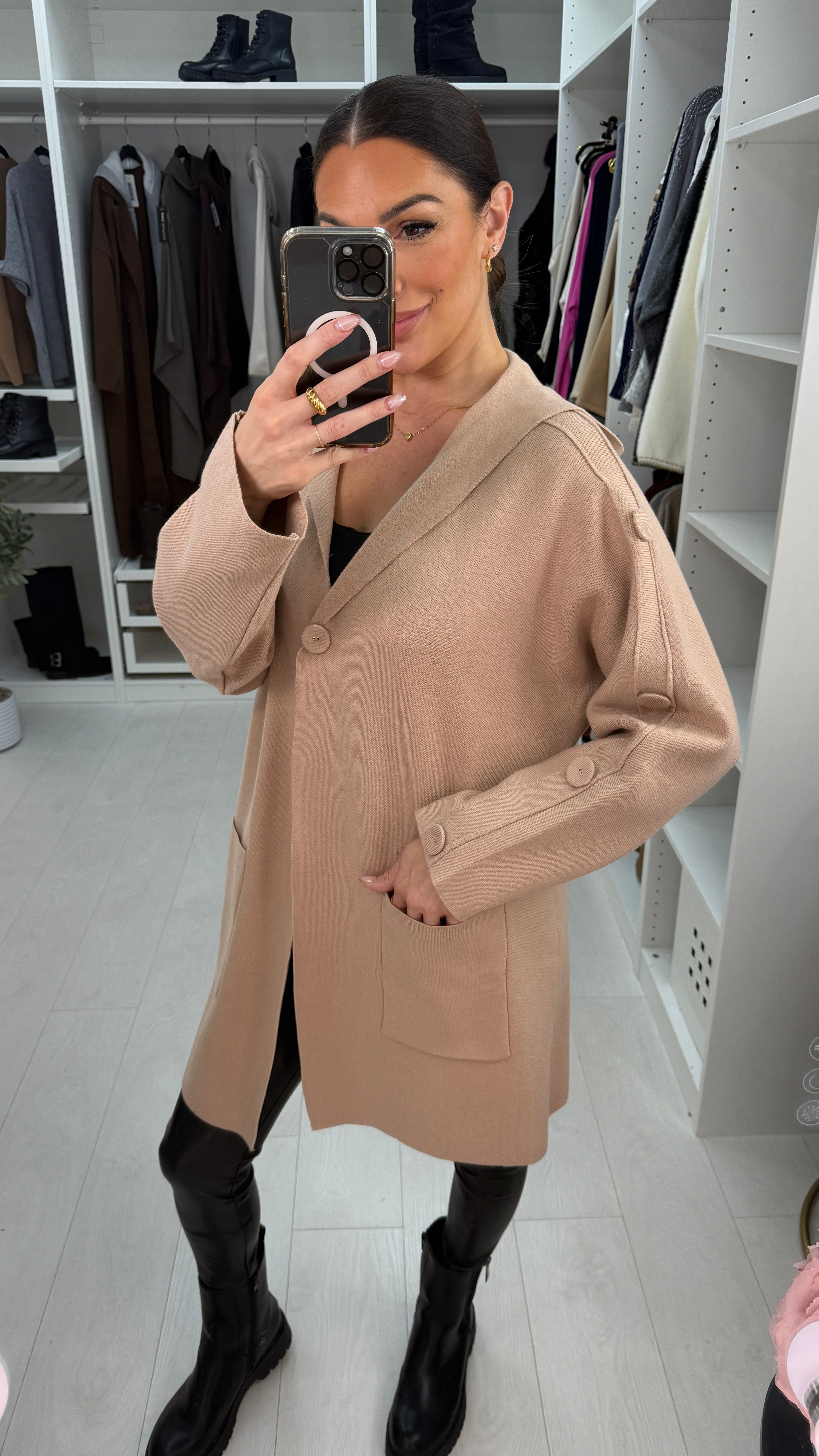 Sasia Plain Button Detail Hooded Cardigan