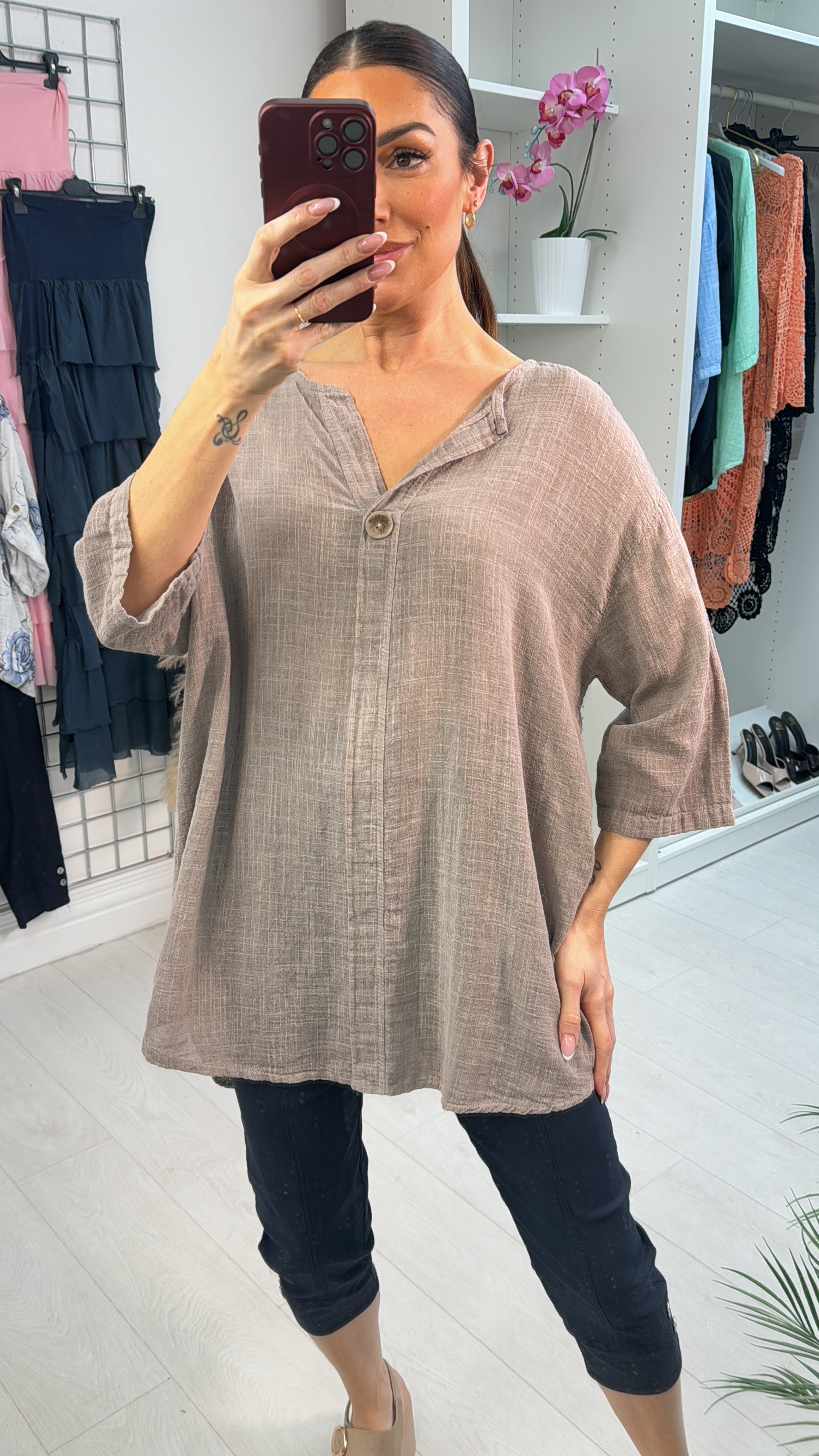 Gaia Plain V Neck Dipped Hem Loose Fit Top