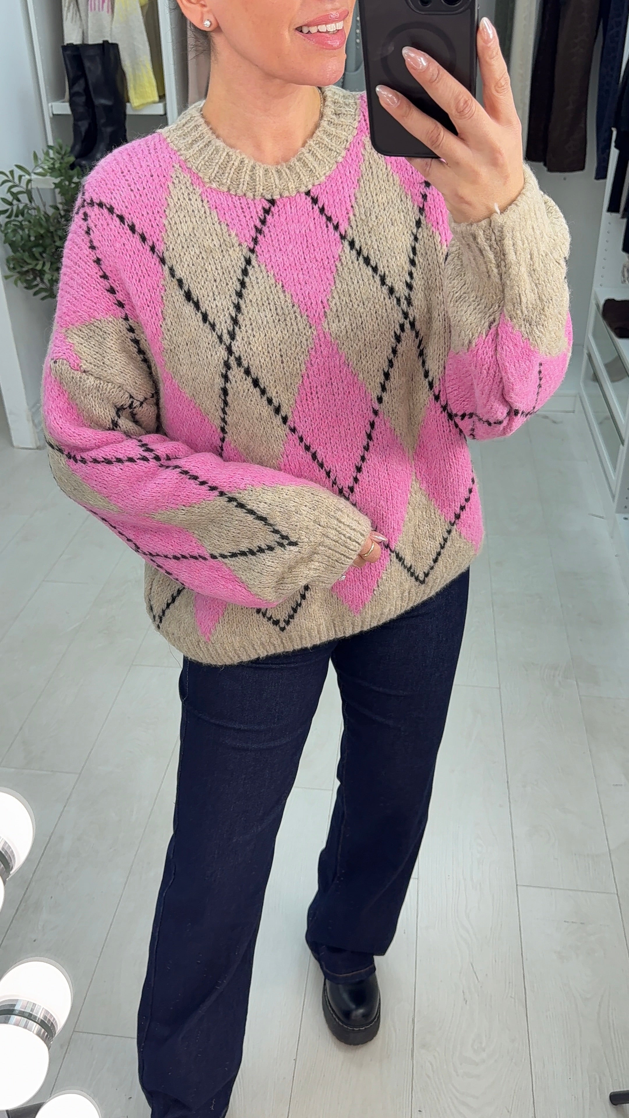 Nattie Argyle Print Chunky Jumper