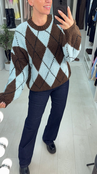Nattie Argyle Print Chunky Jumper