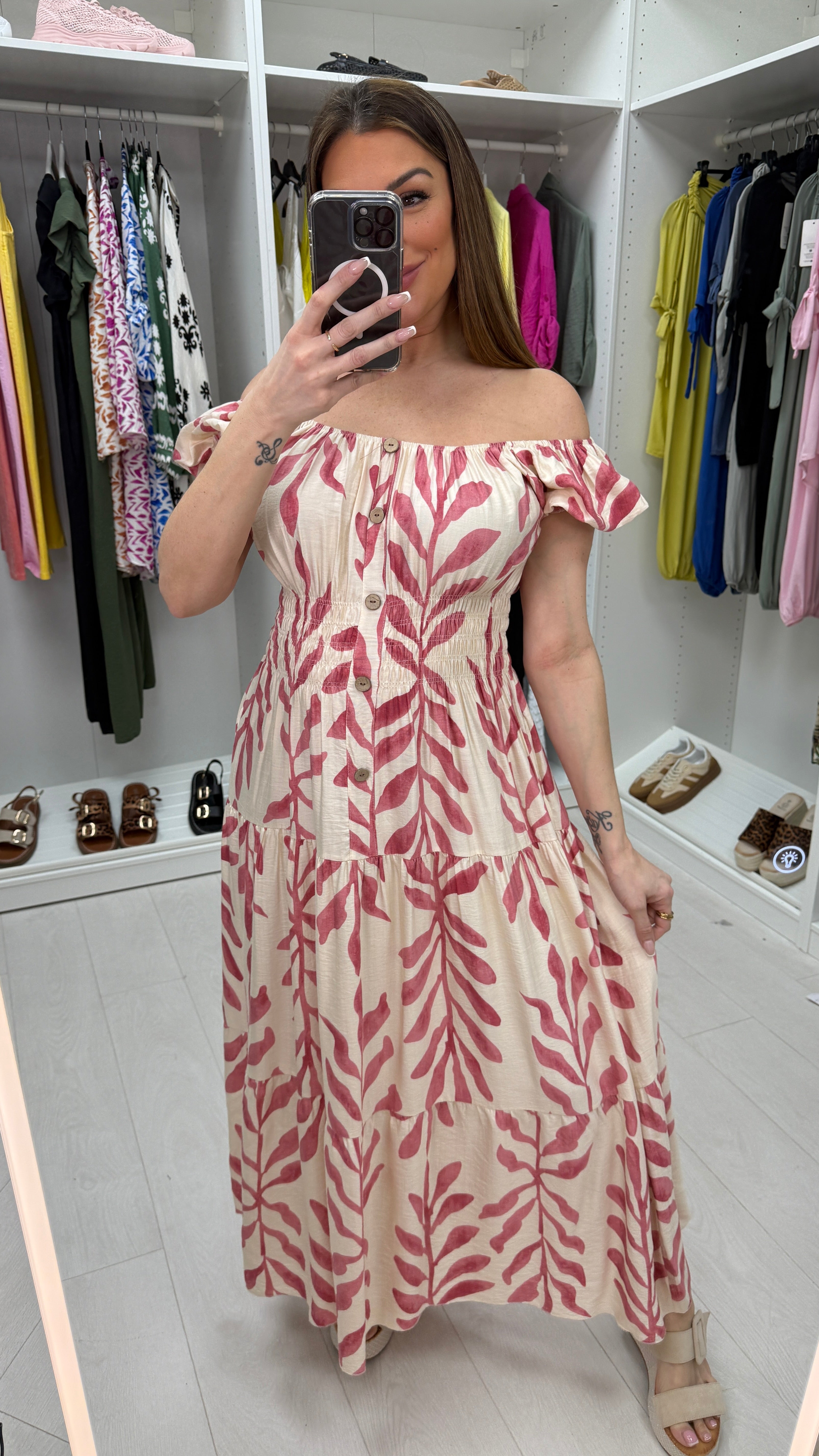 Selena Leaf Print Button Detail Maxi Dress