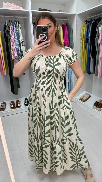 Selena Leaf Print Button Detail Maxi Dress