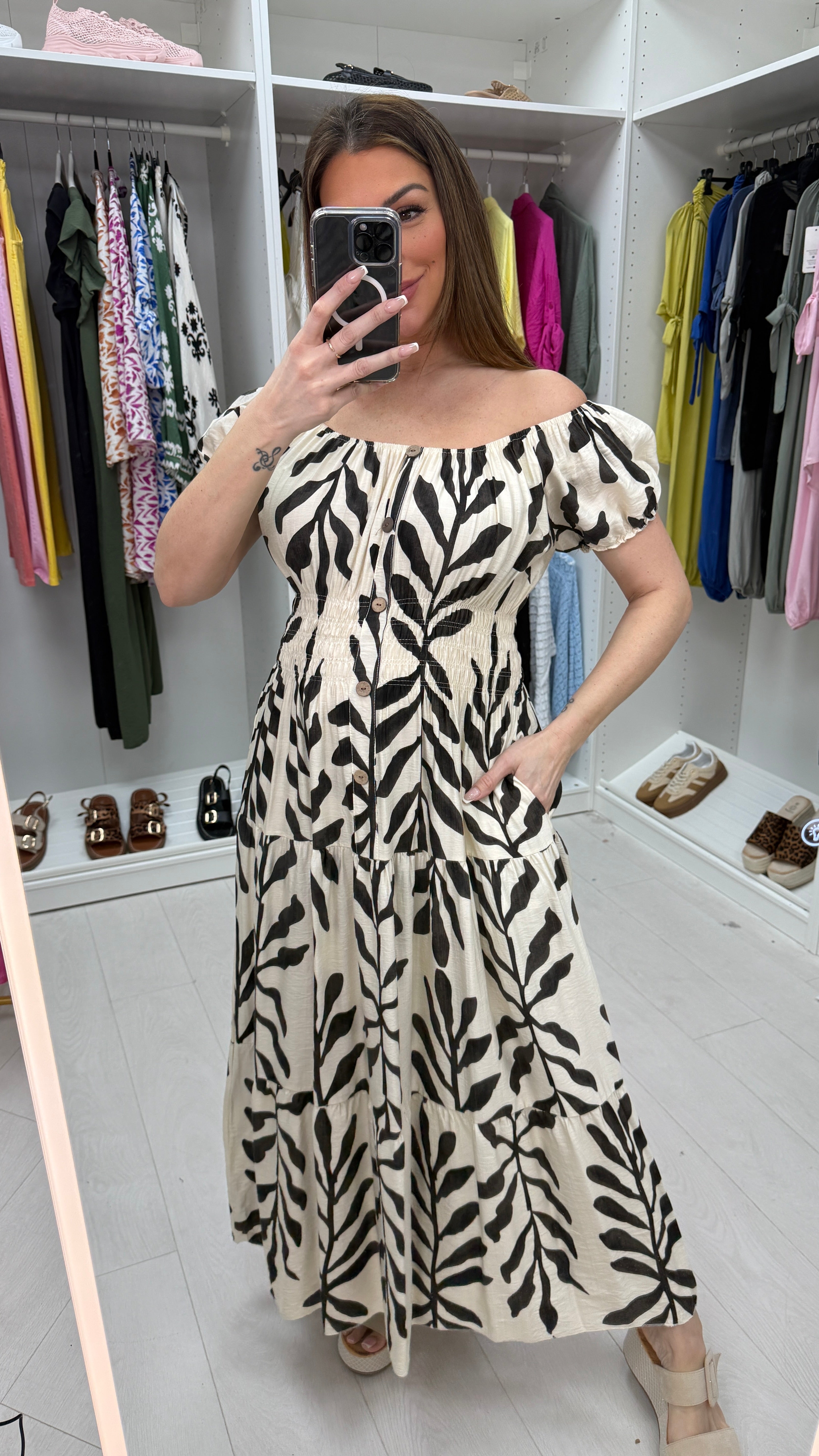 Selena Leaf Print Button Detail Maxi Dress