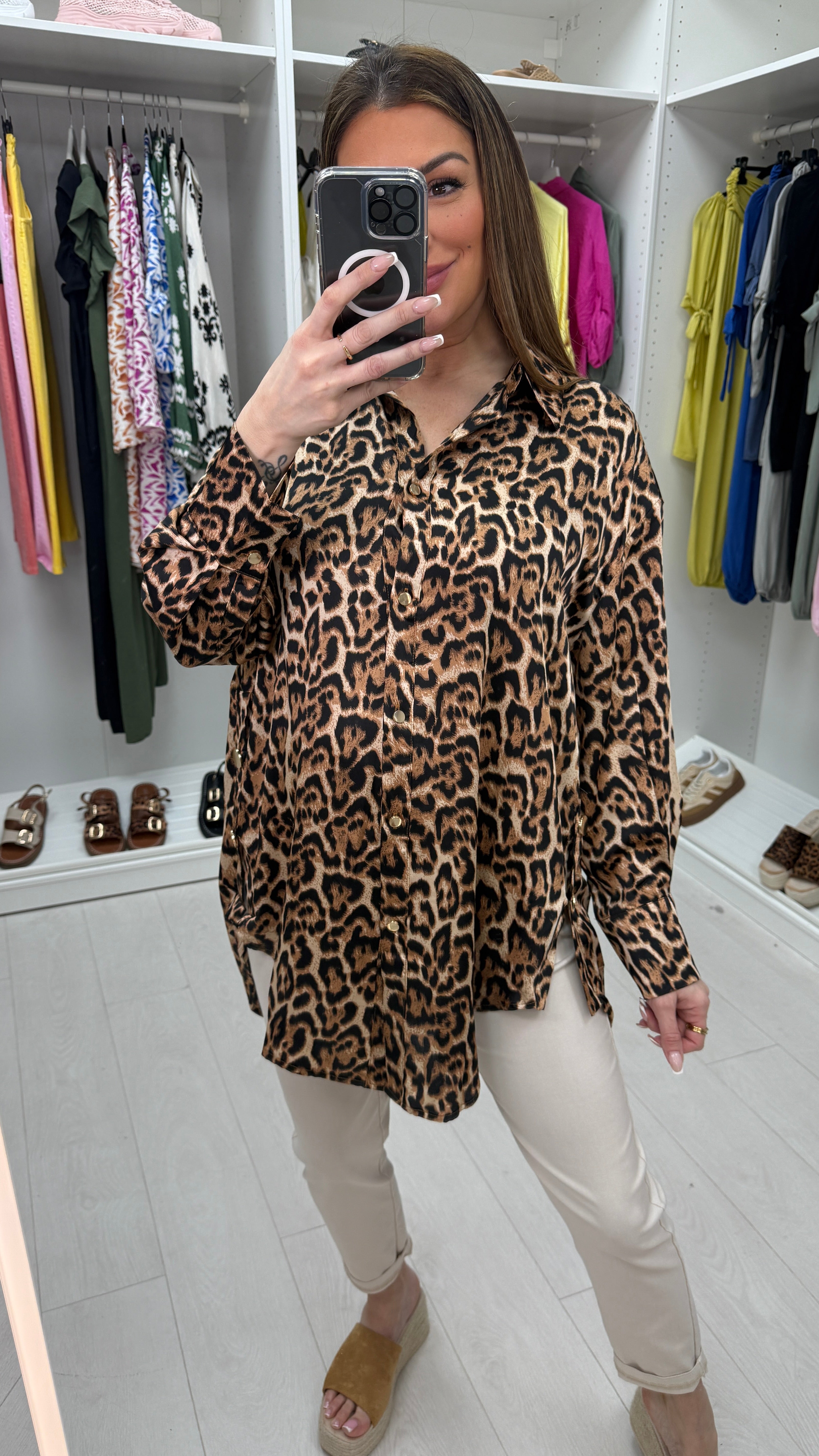 Frances Leopard Print Dipped Hem Shirt