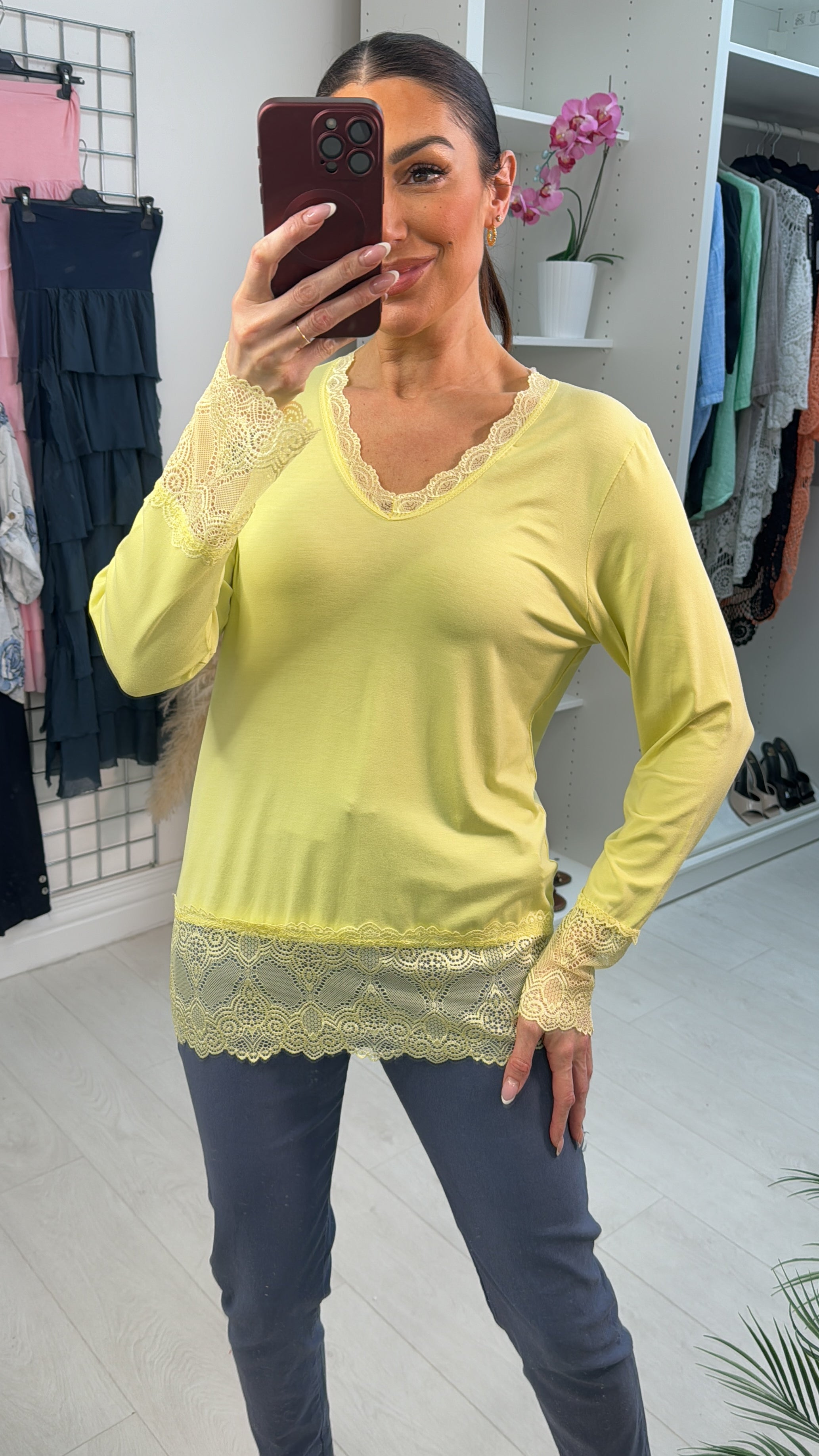 Hadleigh Long Sleeve Lace Trim V Neck Top