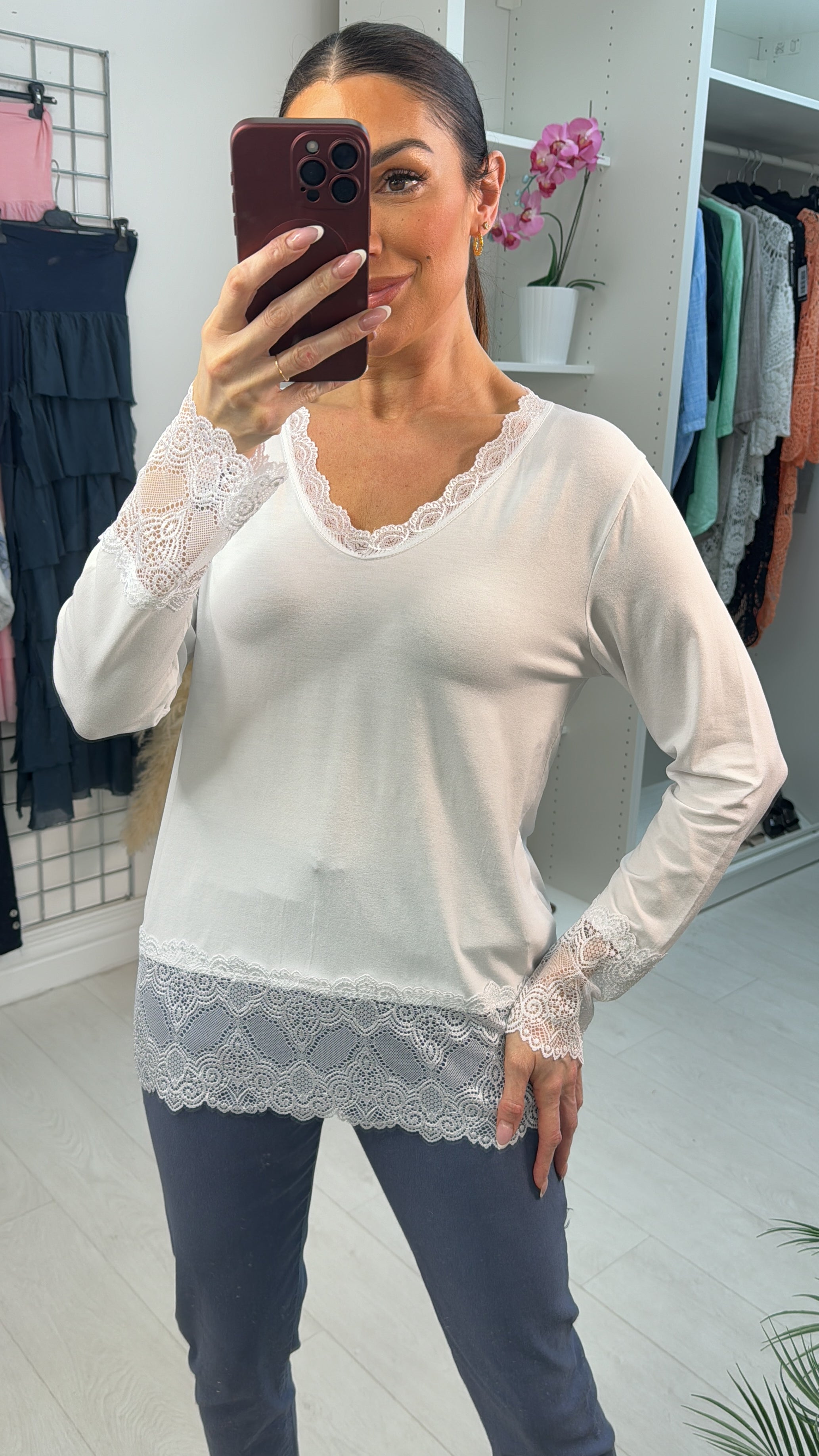 Hadleigh Long Sleeve Lace Trim V Neck Top