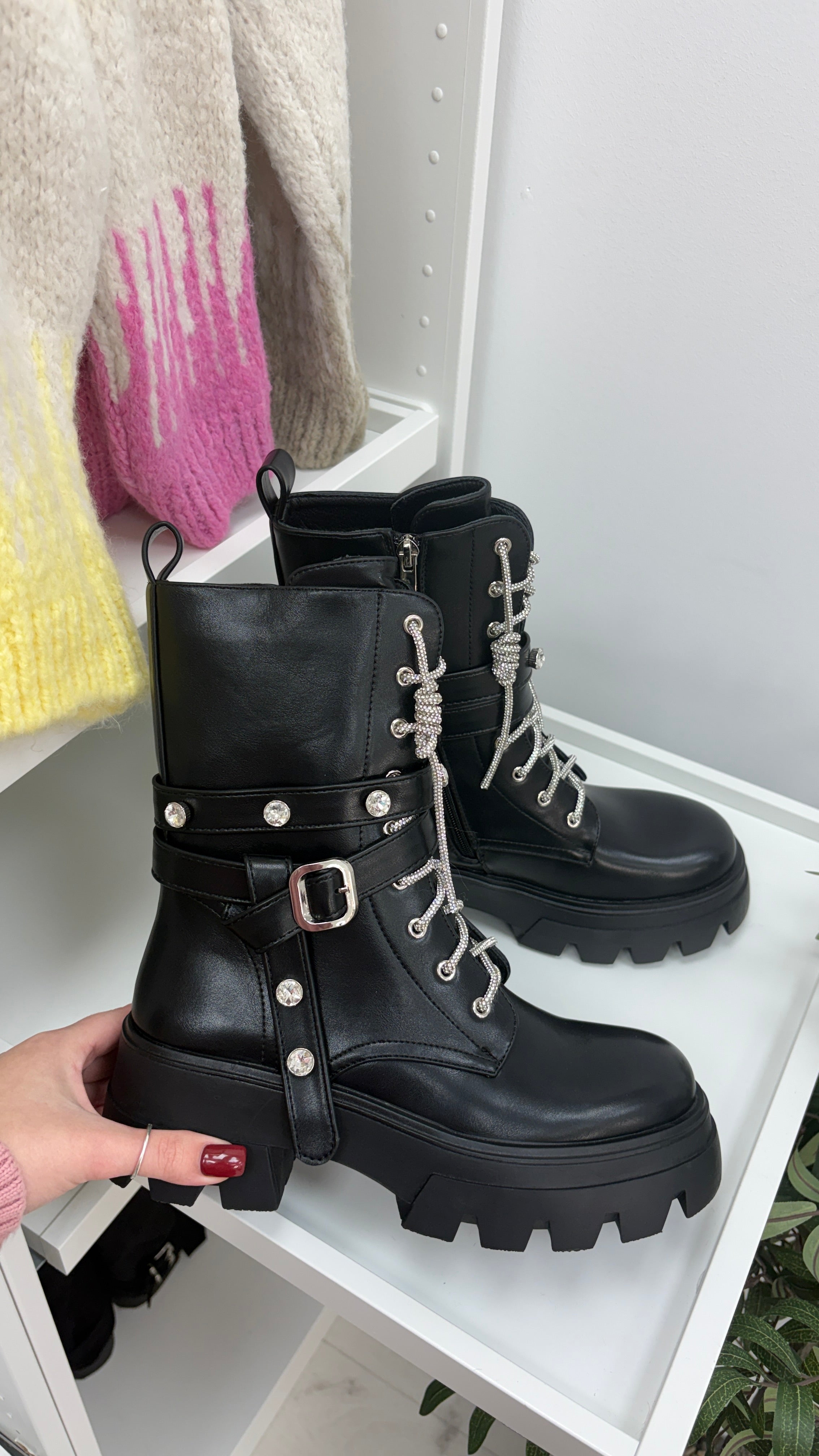 Annie Faux Leather Jewel Studded Biker Boots