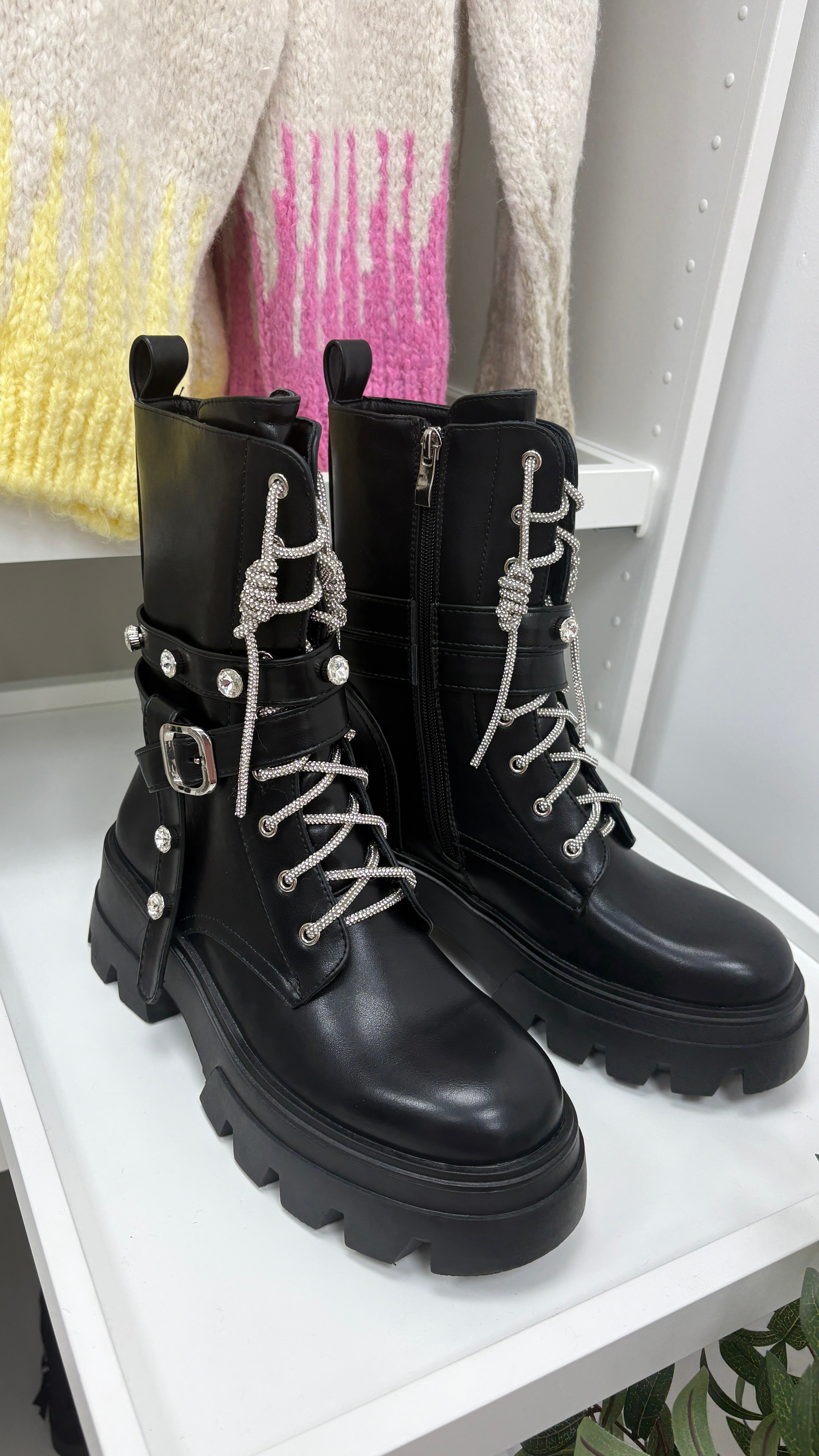 Annie Faux Leather Jewel Studded Biker Boots