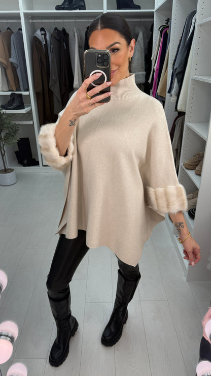 Pheobe Plain High Neck Faux Fur Detail Poncho