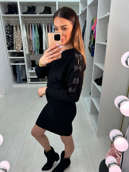 Rizz Diamante Bow Sleeve Detailed Knit Jumper