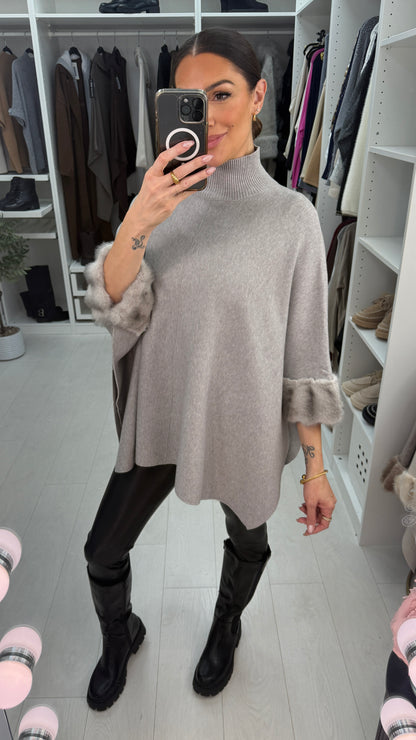 Pheobe Plain High Neck Faux Fur Detail Poncho