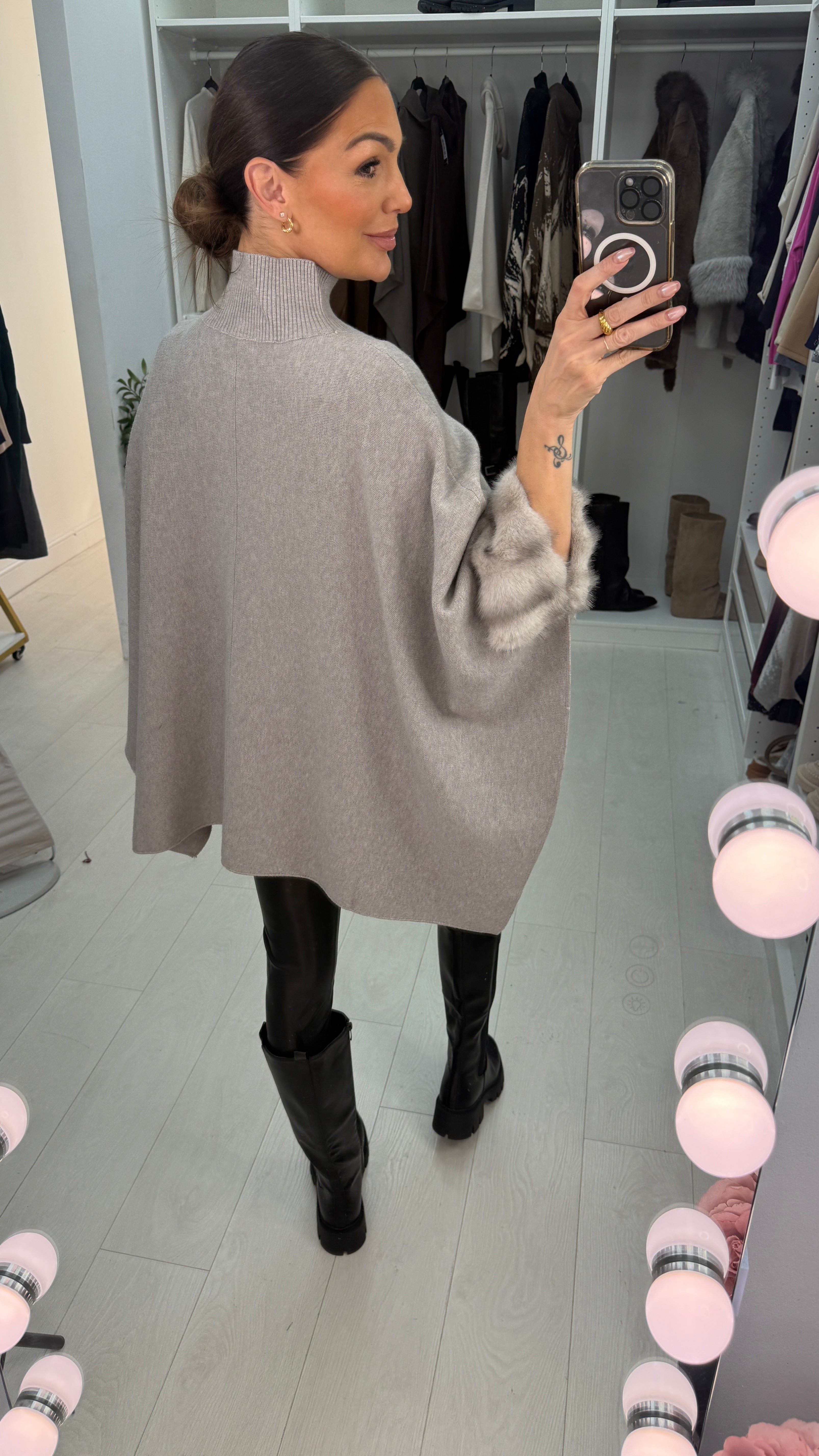 Pheobe Plain High Neck Faux Fur Detail Poncho