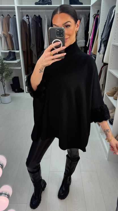 Pheobe Plain High Neck Faux Fur Detail Poncho