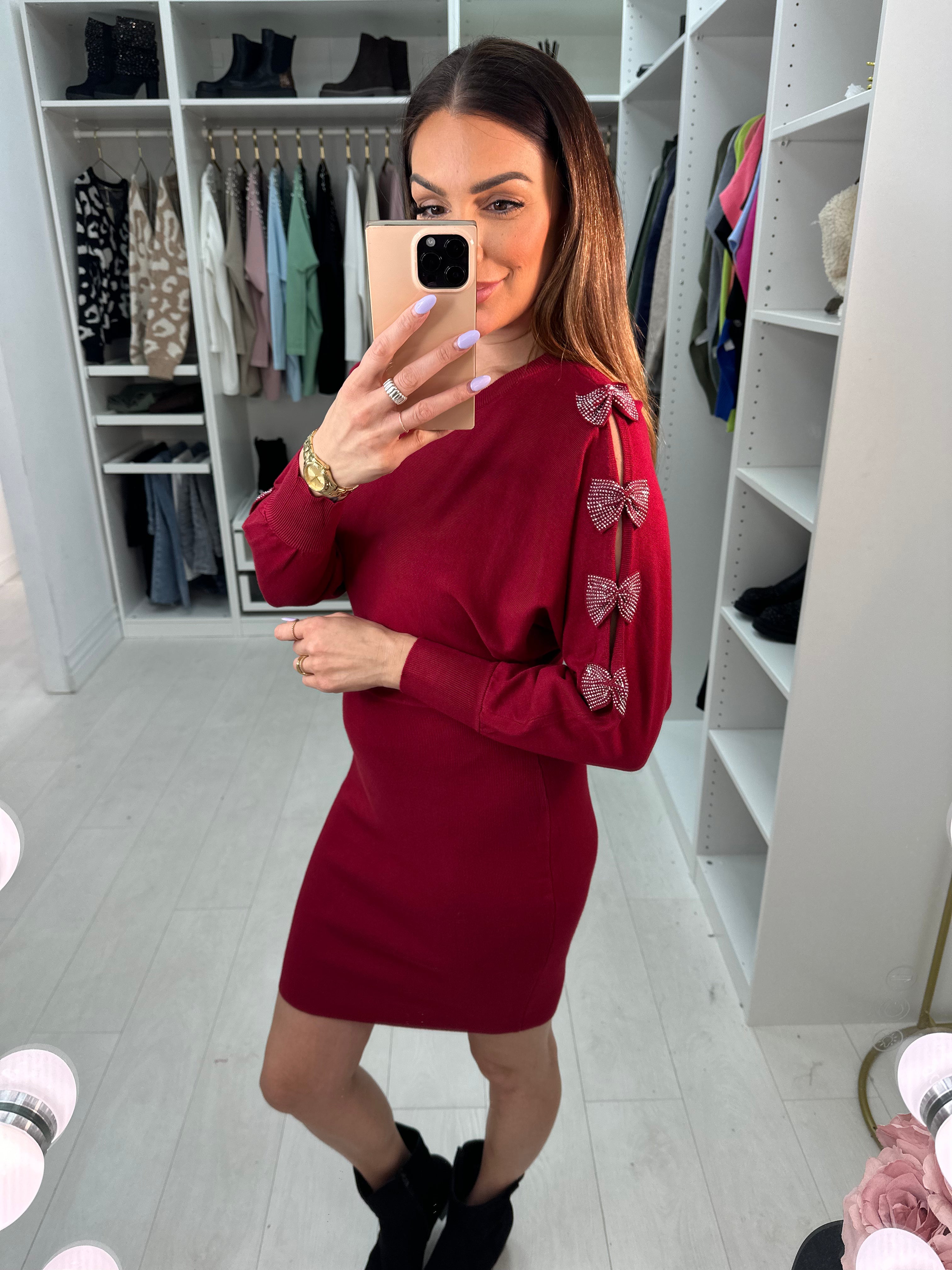 Rizz Diamante Bow Sleeve Detailed Knit Jumper