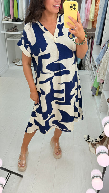 Annika Abstract Print V Neck Loose Fit Dress