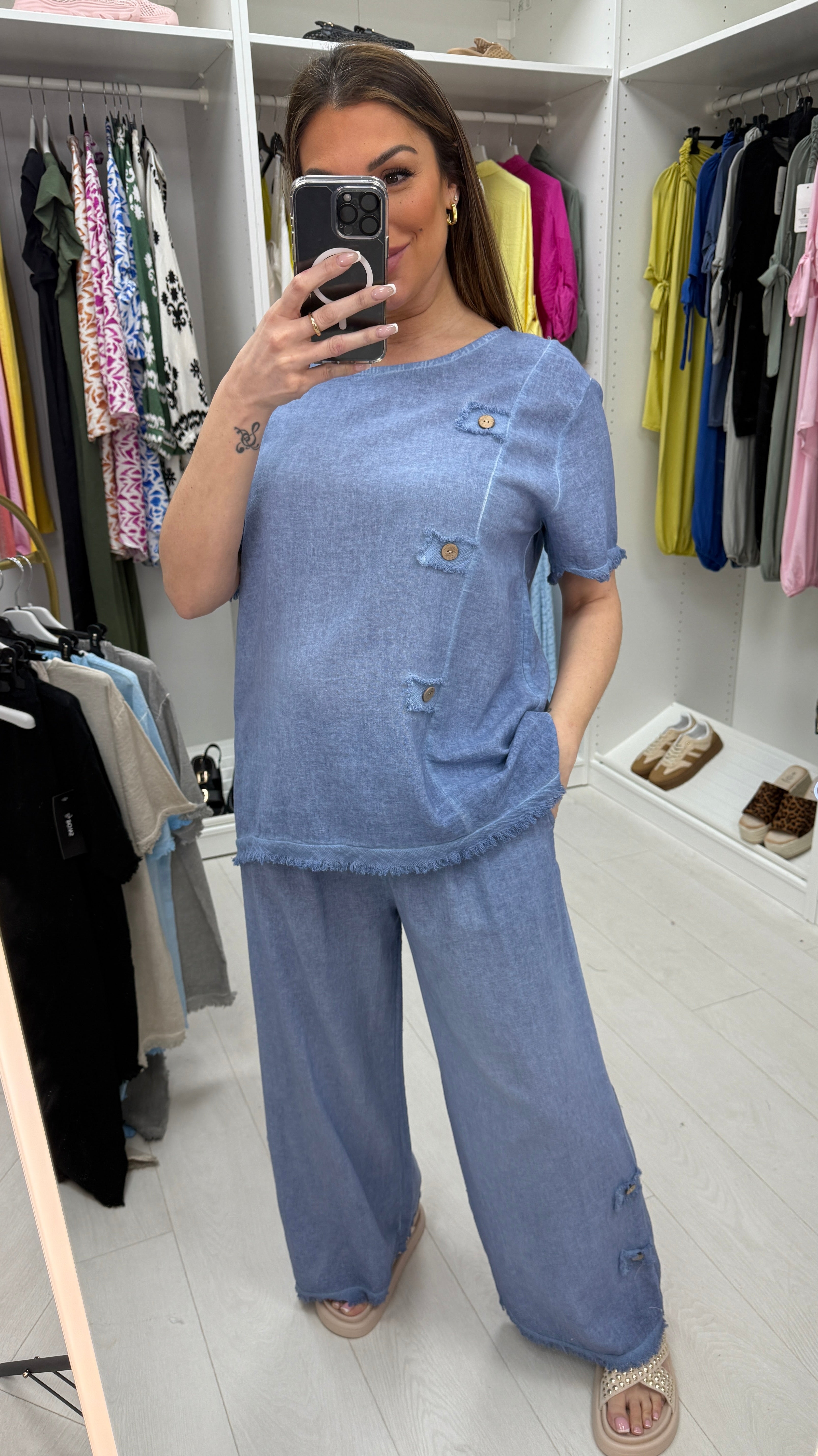 Christine Plain Button Detail Distressed Hem Co-Ord Set