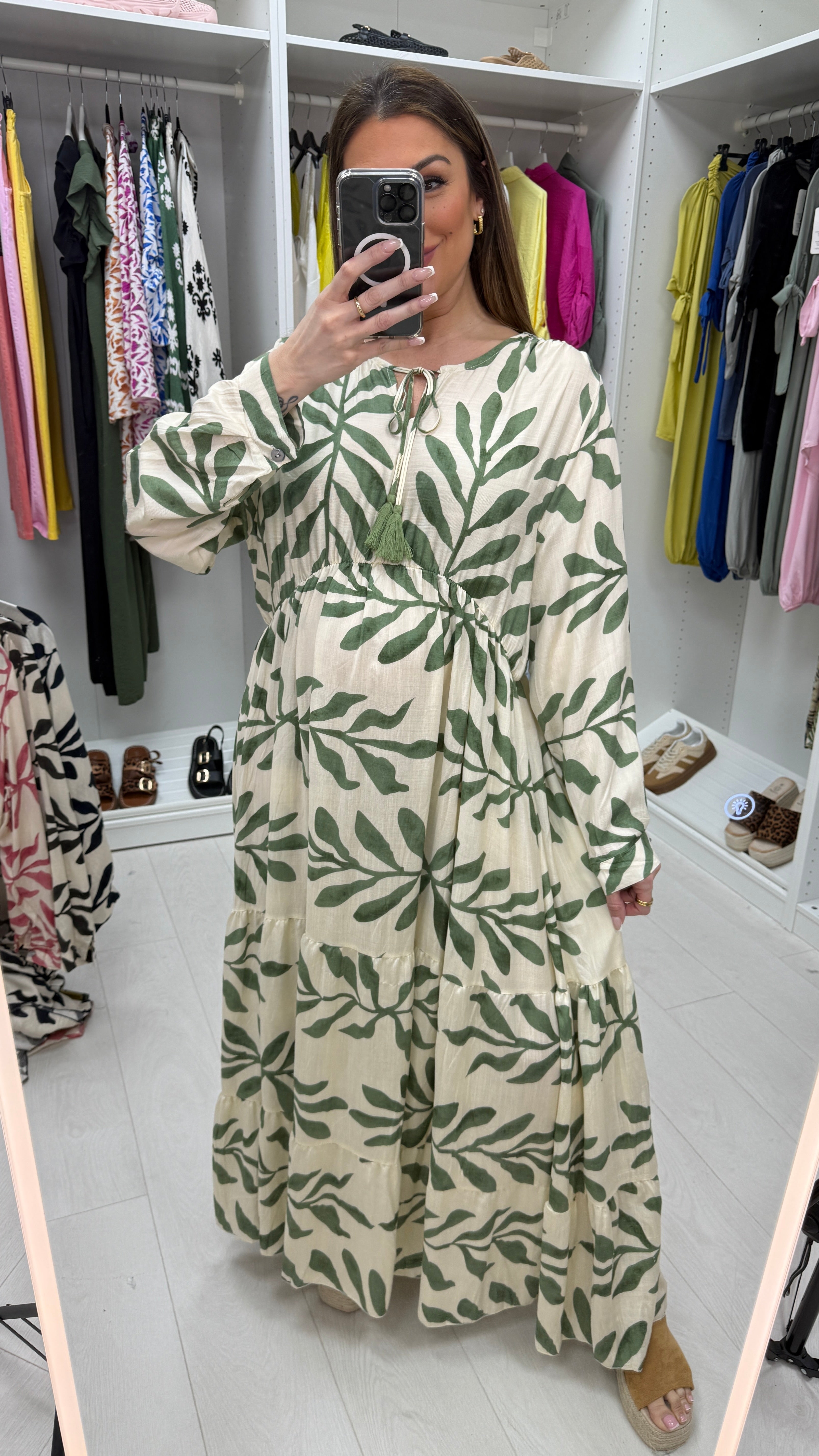 Maybelle Leaf Print V Neck Smock Maxi Dress