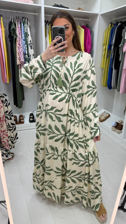 Maybelle Leaf Print V Neck Smock Maxi Dress