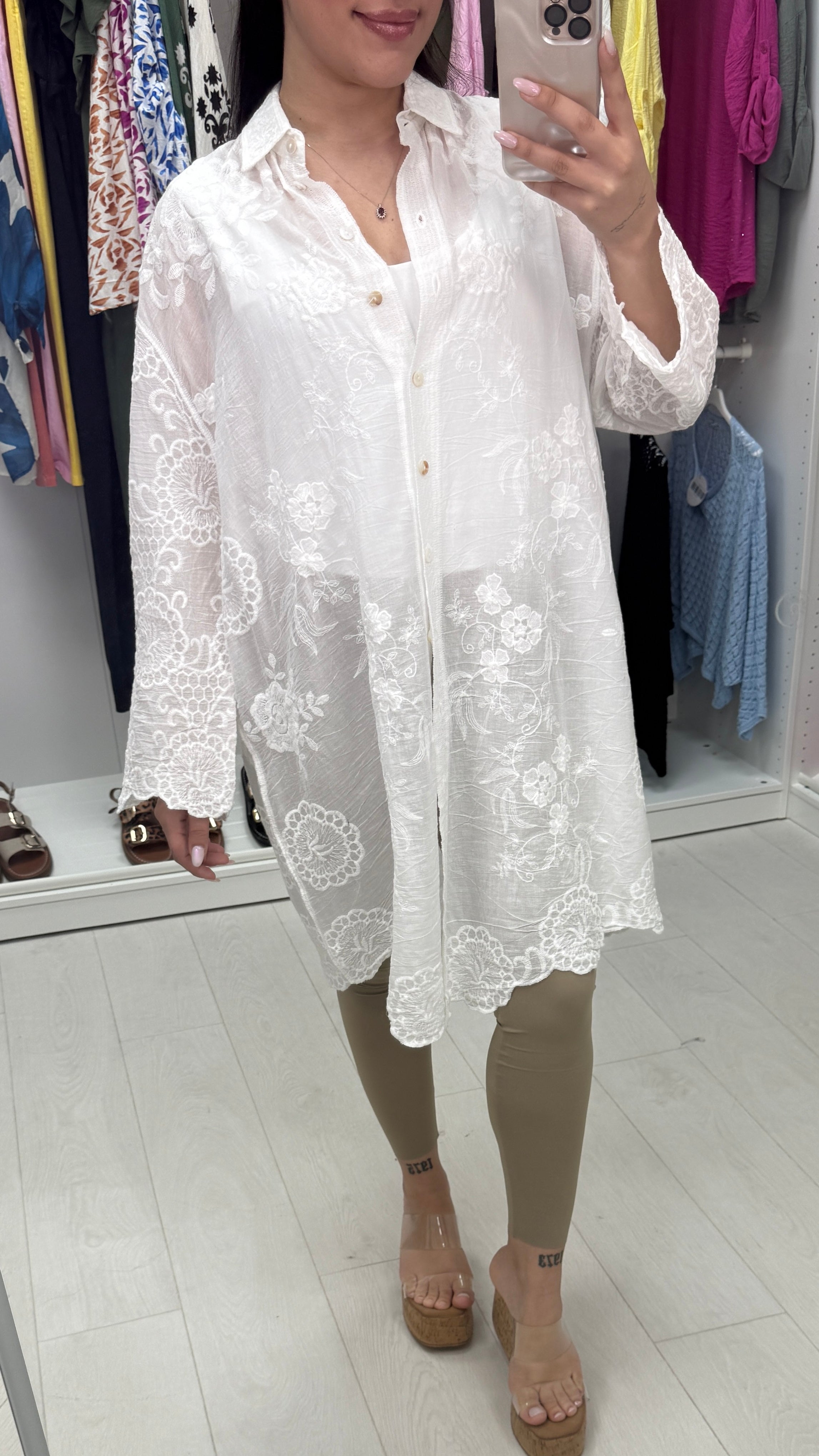Sia Plain Floral Embroidered Longline Shirt