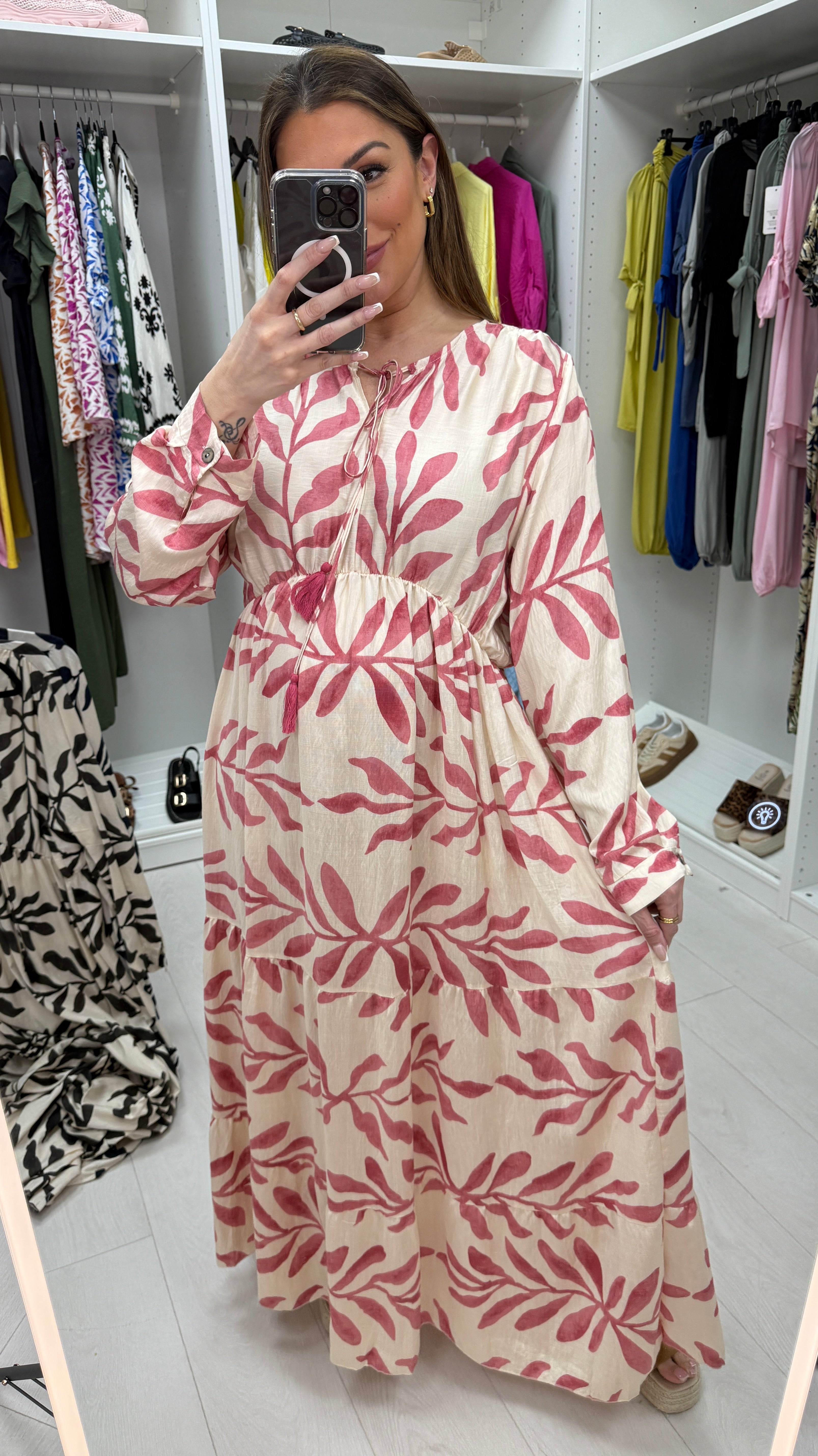 Maybelle Leaf Print V Neck Smock Maxi Dress