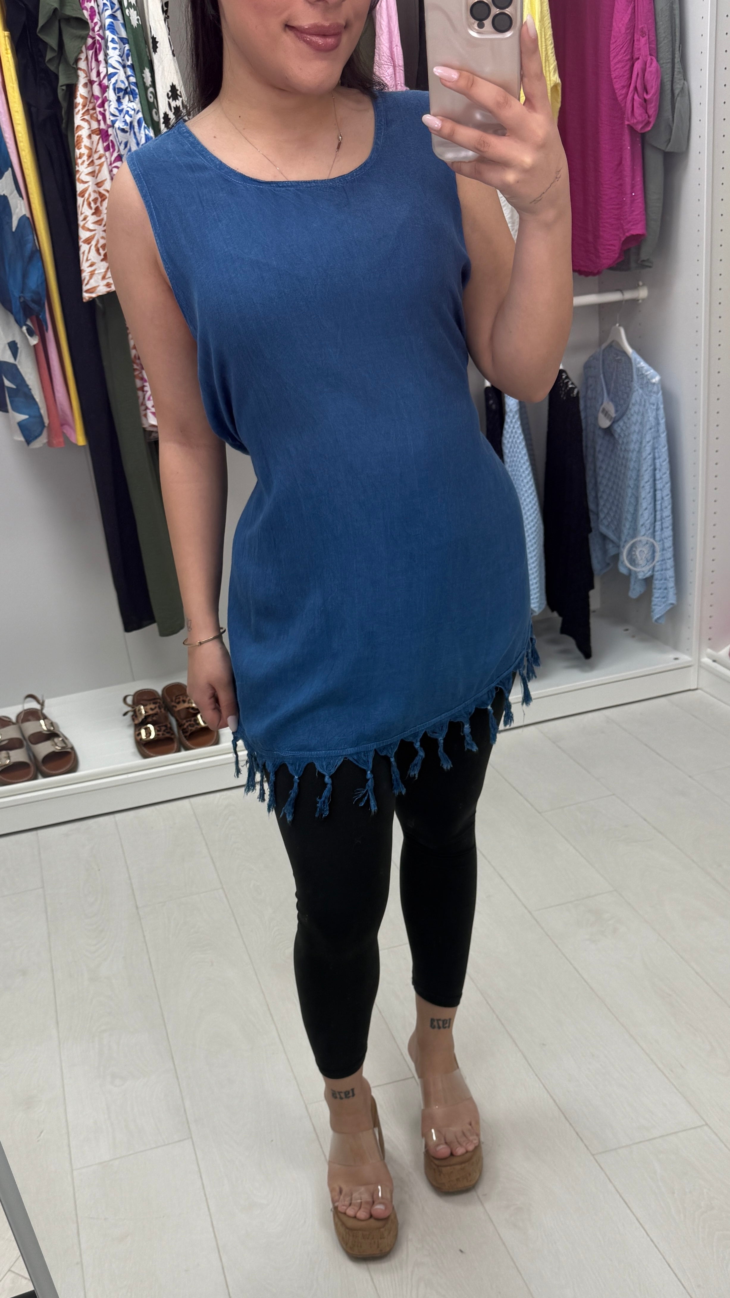 Verity Belted Tassel Detail Longline Denim Top