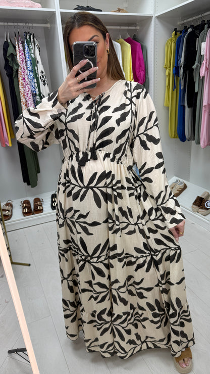 Maybelle Leaf Print V Neck Smock Maxi Dress