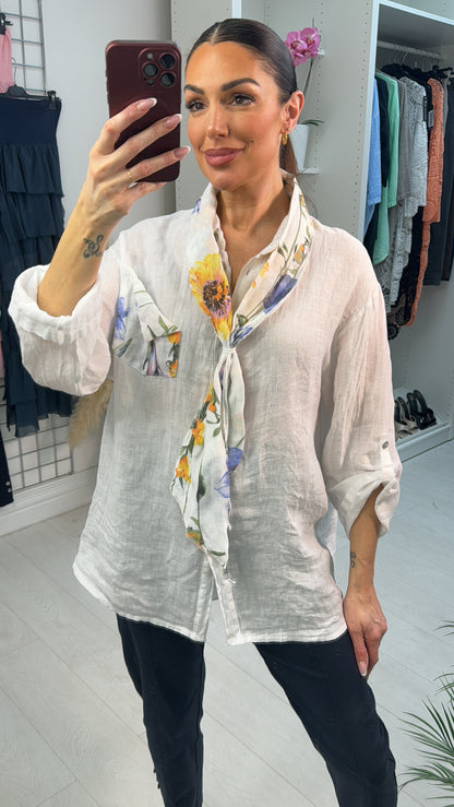 Debby Floral Detailed 2 Piece Scarf & Linen Shirt