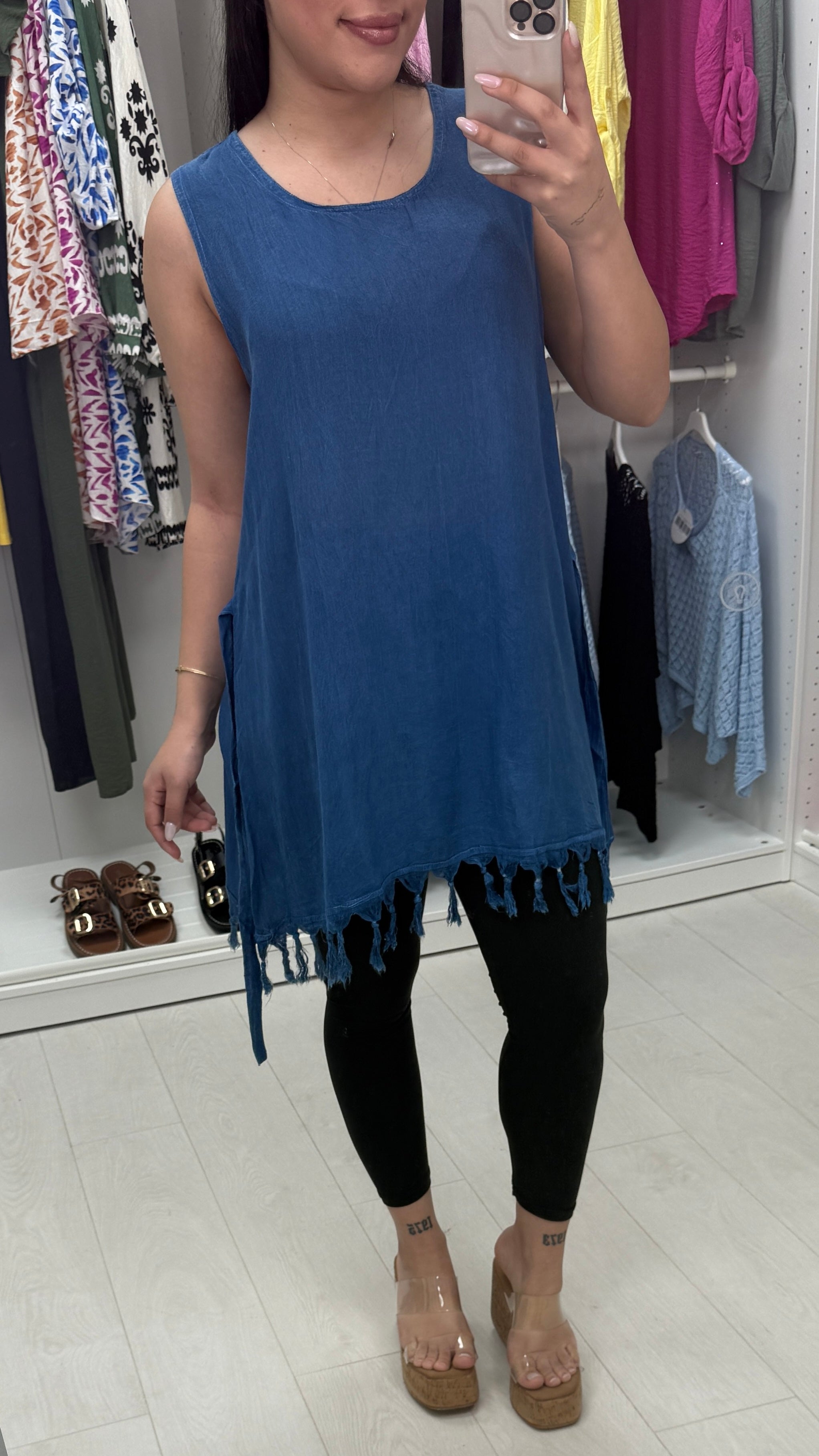 Verity Belted Tassel Detail Longline Denim Top