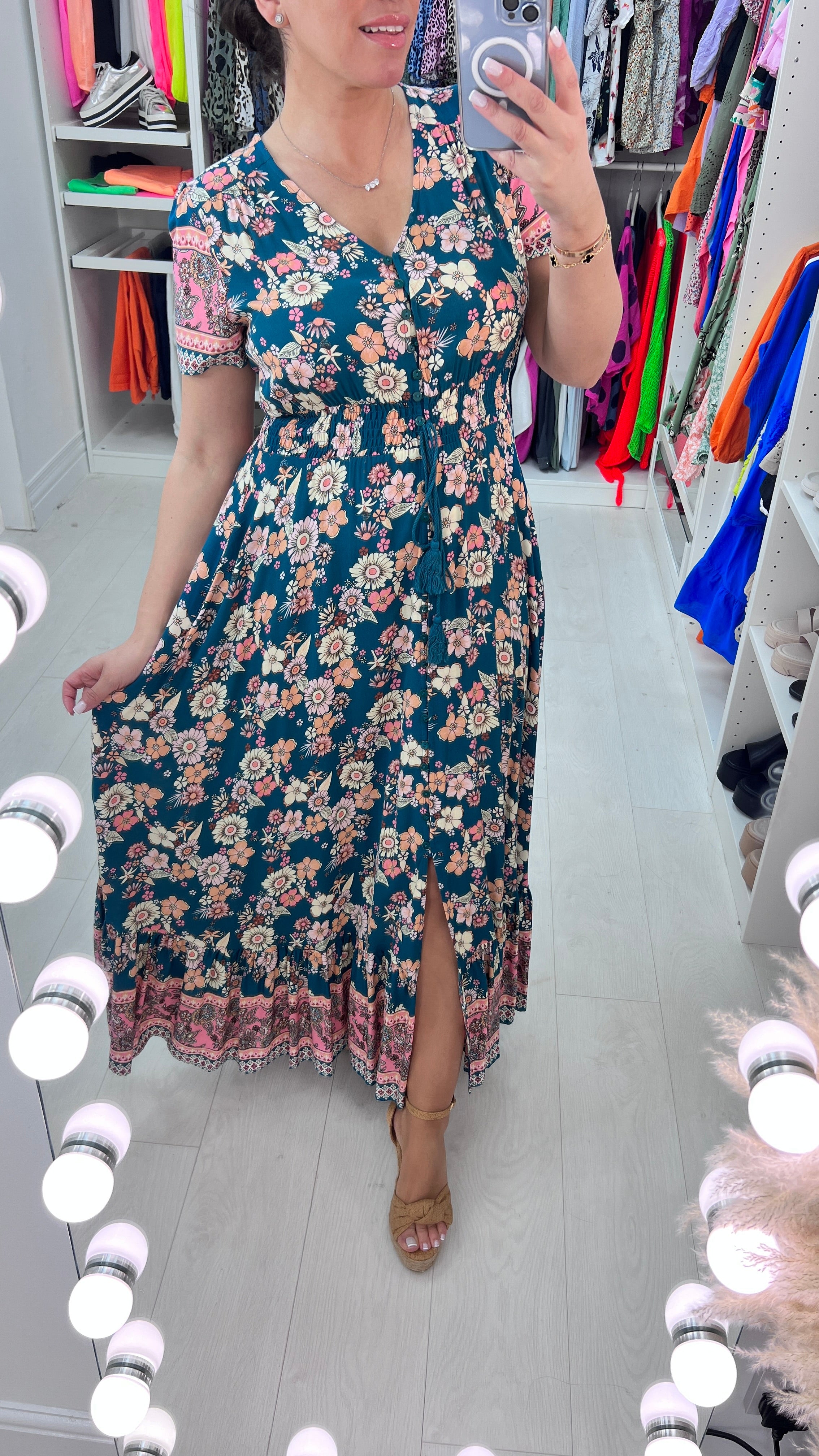 Karina Teal Multi Floral Ruffle Hem Maxi Dress