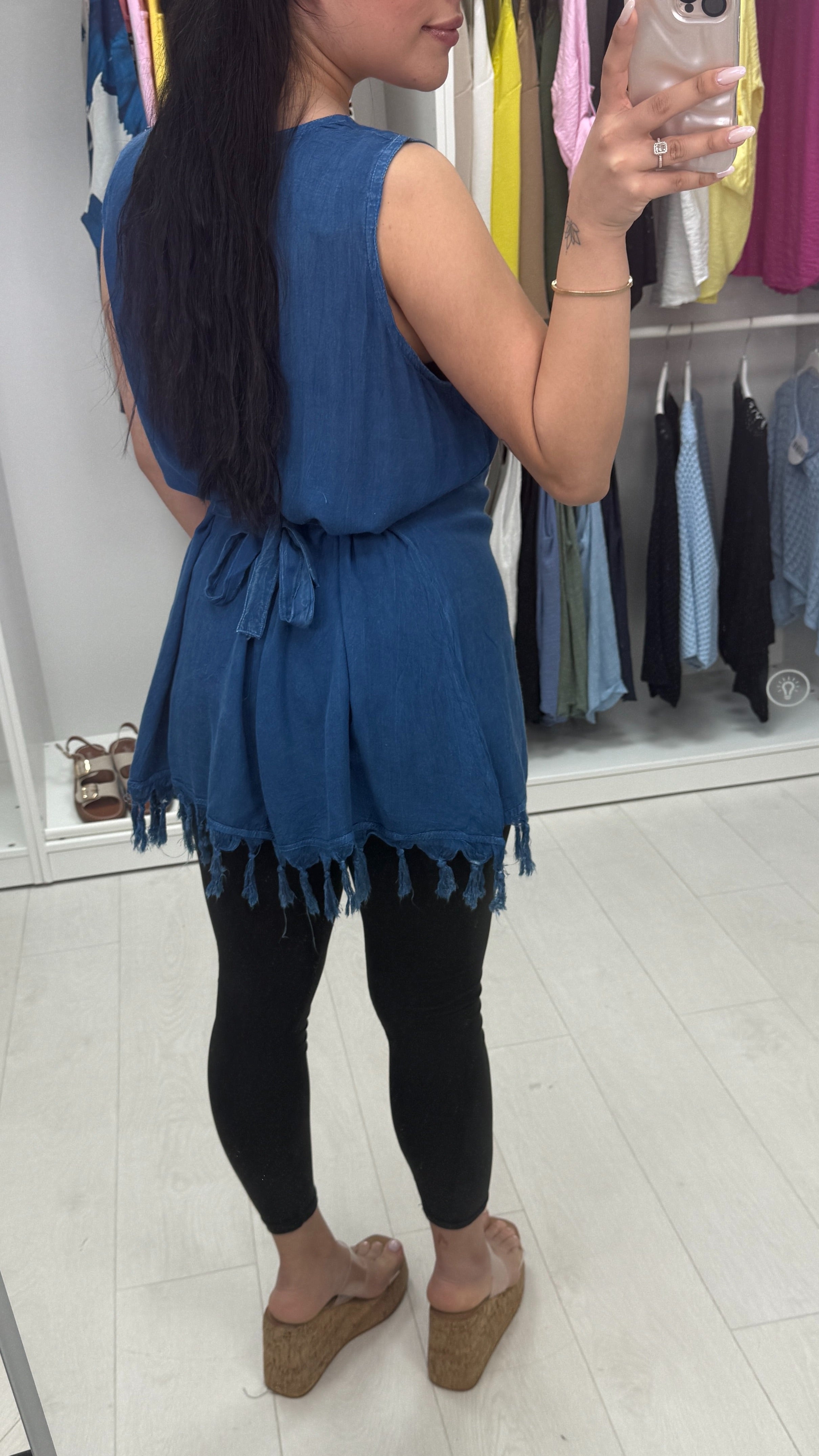 Verity Belted Tassel Detail Longline Denim Top