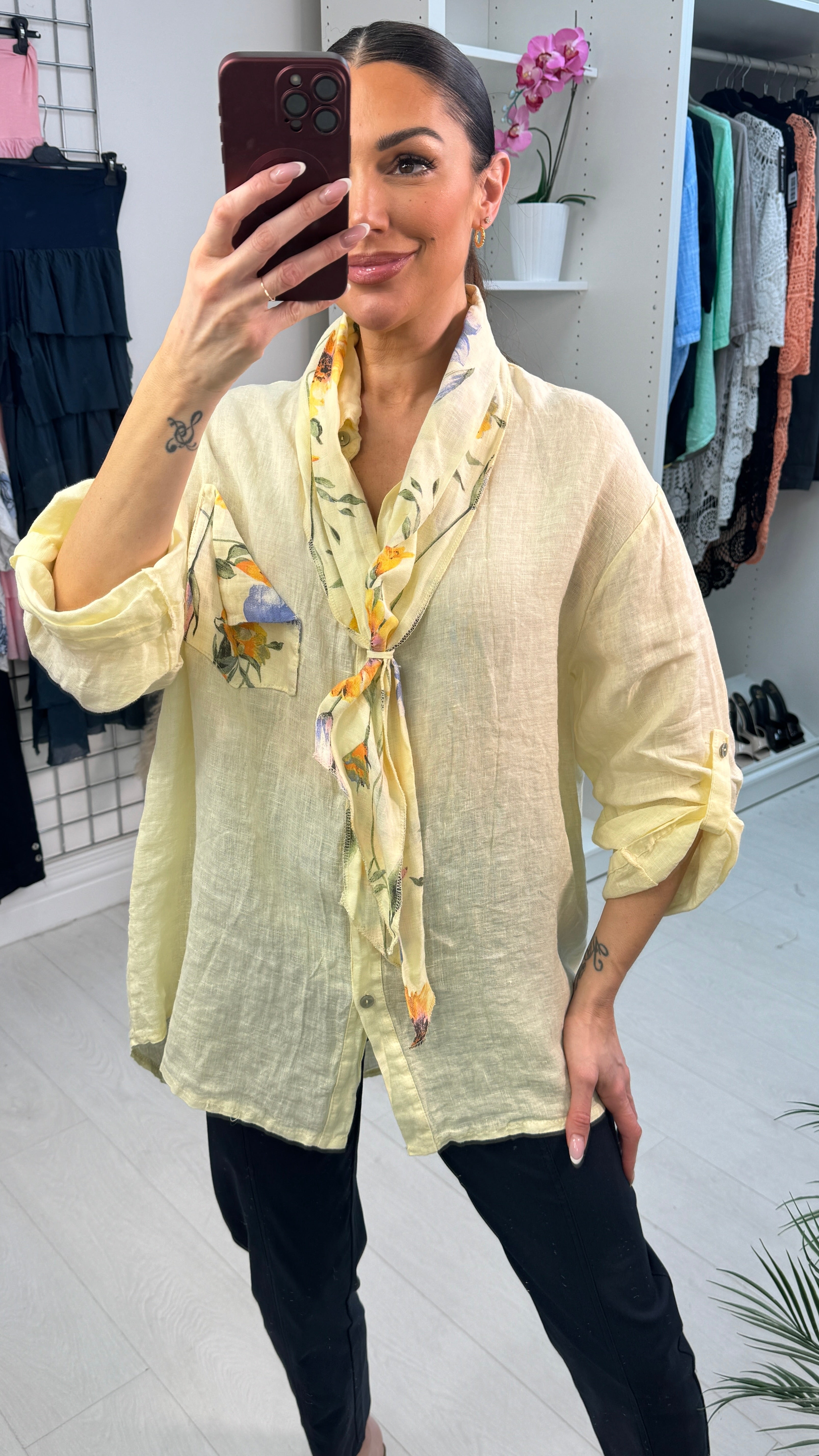 Debby Floral Detailed 2 Piece Scarf & Linen Shirt