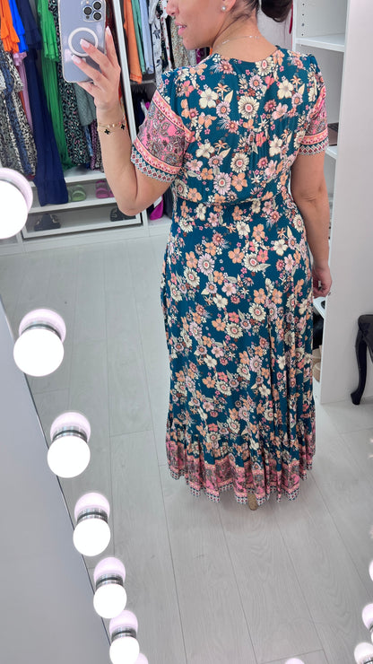 Karina Teal Multi Floral Ruffle Hem Maxi Dress