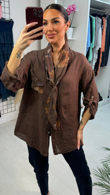 Debby Floral Detailed 2 Piece Scarf & Linen Shirt