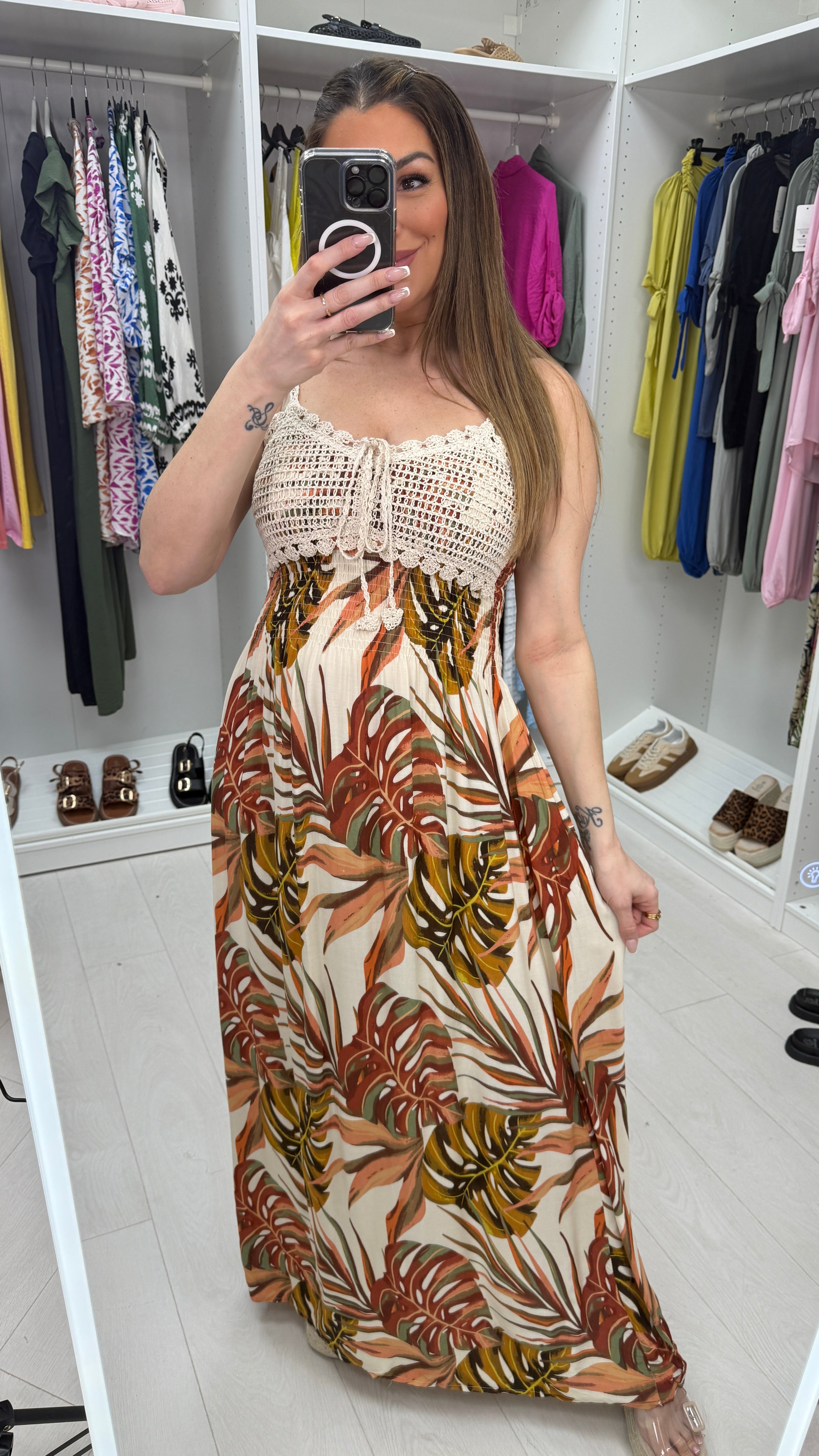 Hilary Leaf Print Crochet Bust Maxi Dress