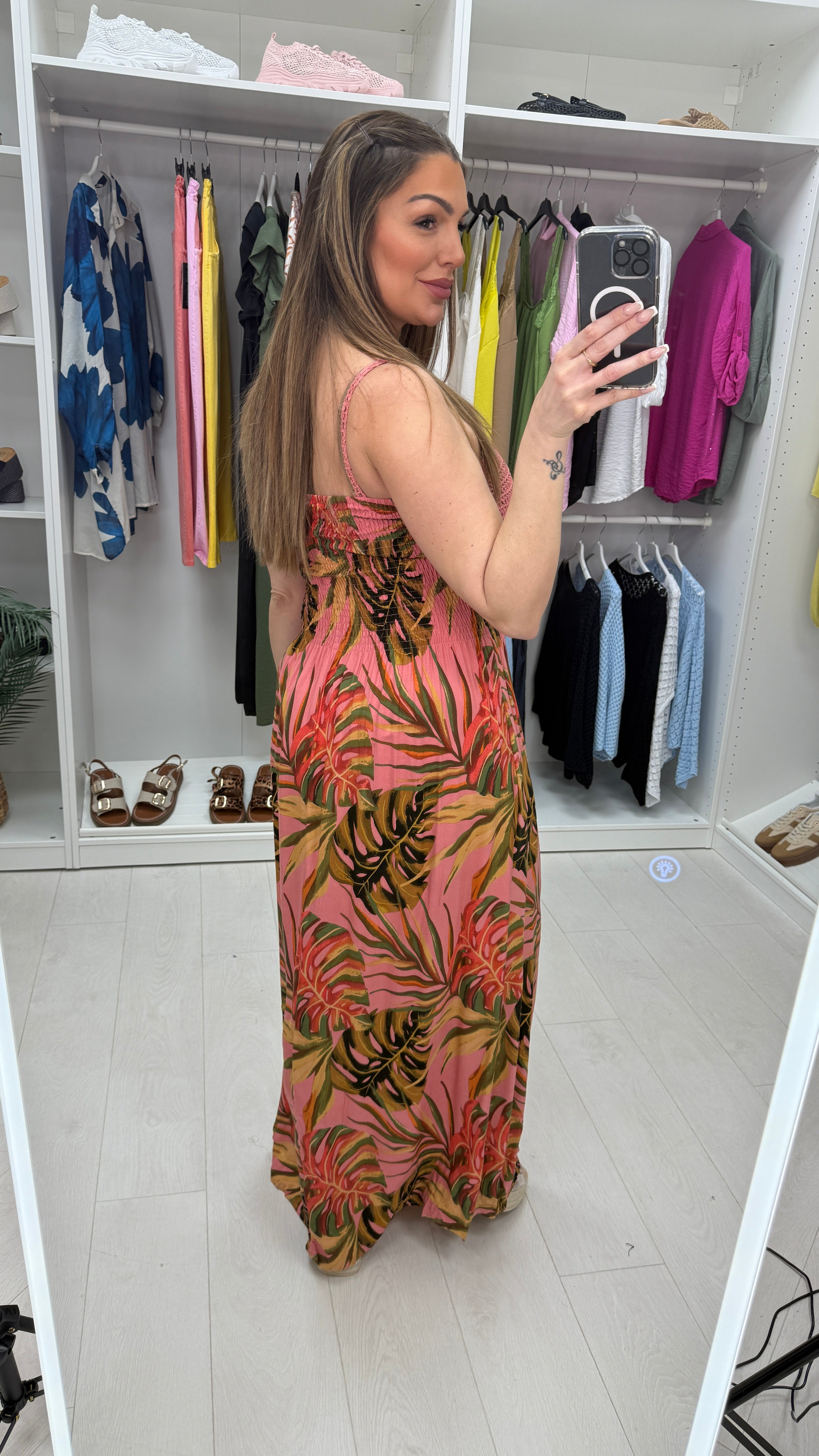 Hilary Leaf Print Crochet Bust Maxi Dress