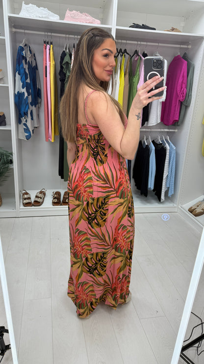 Hilary Leaf Print Crochet Bust Maxi Dress